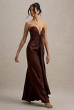 Mackenzie Brown Satin Plunge Neck Draped Maxi Dress