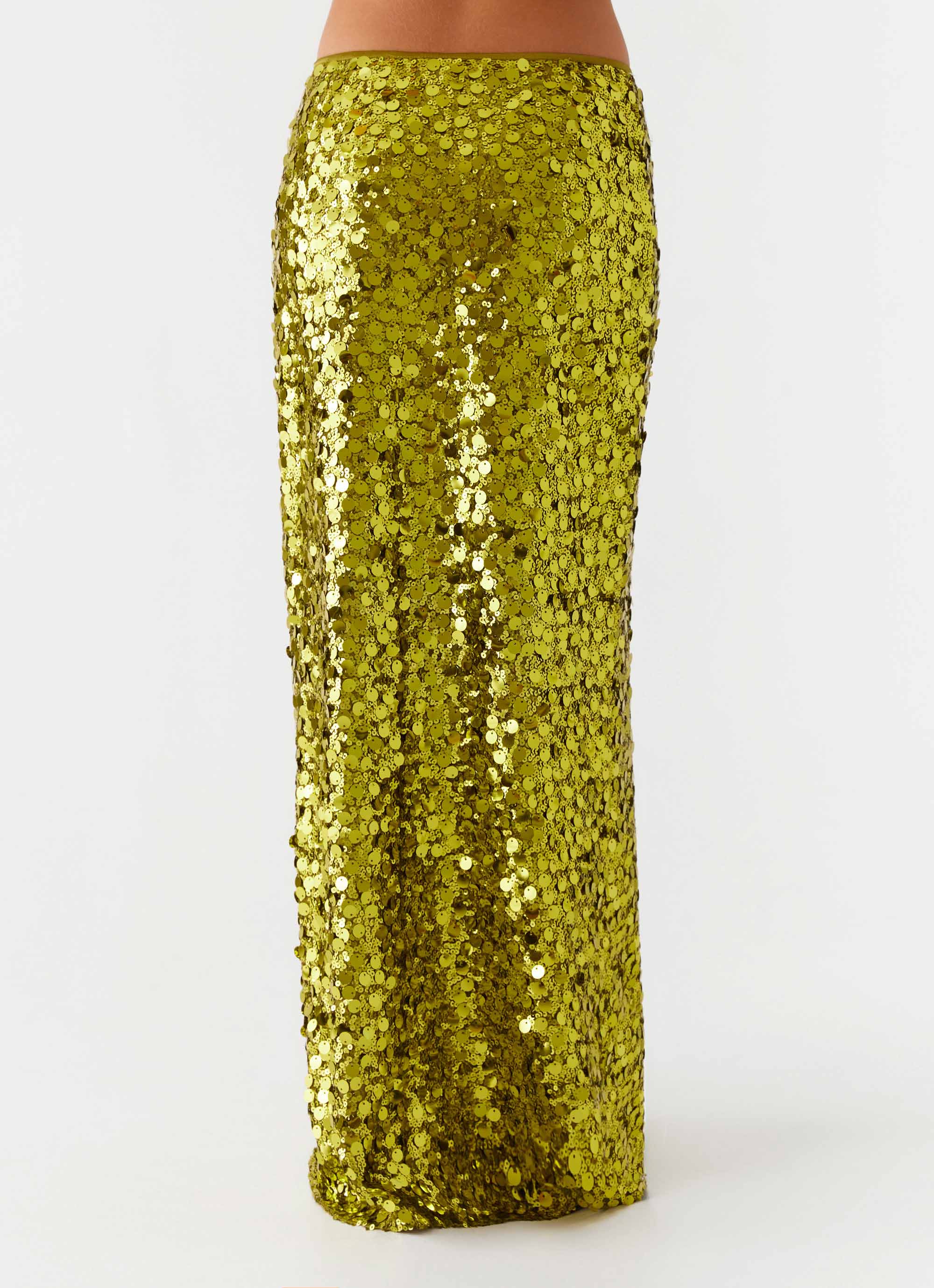 Perfect Places Low Rise Sequin Maxi Skirt Olive
