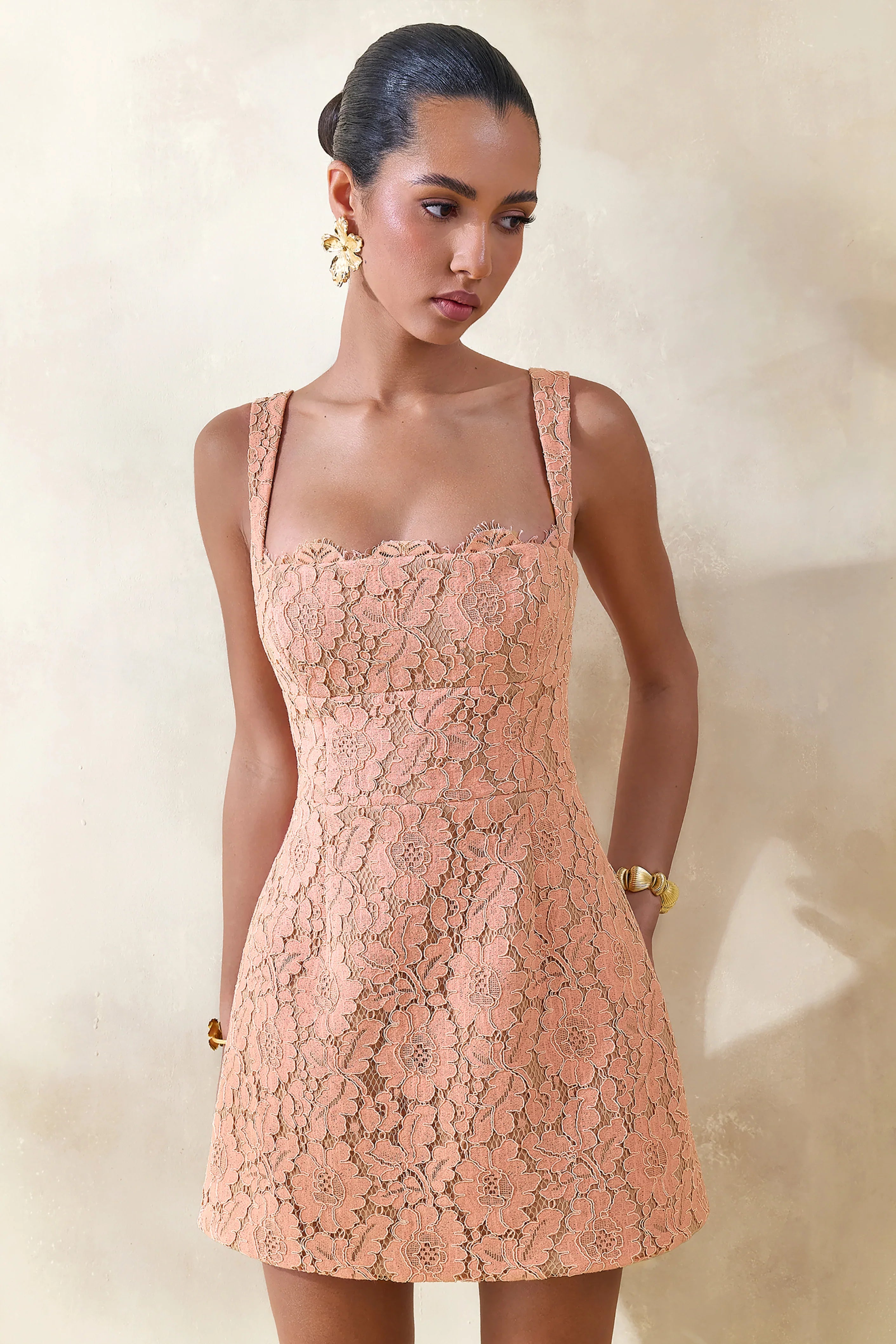 Orelisse Coral Lace Square Neck Mini Dress