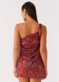 Temptational Beaded One Shoulder Mini Dress Rust