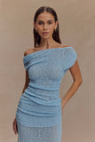 Chloe Off Shoulder Boucle Knit Top Light Blue