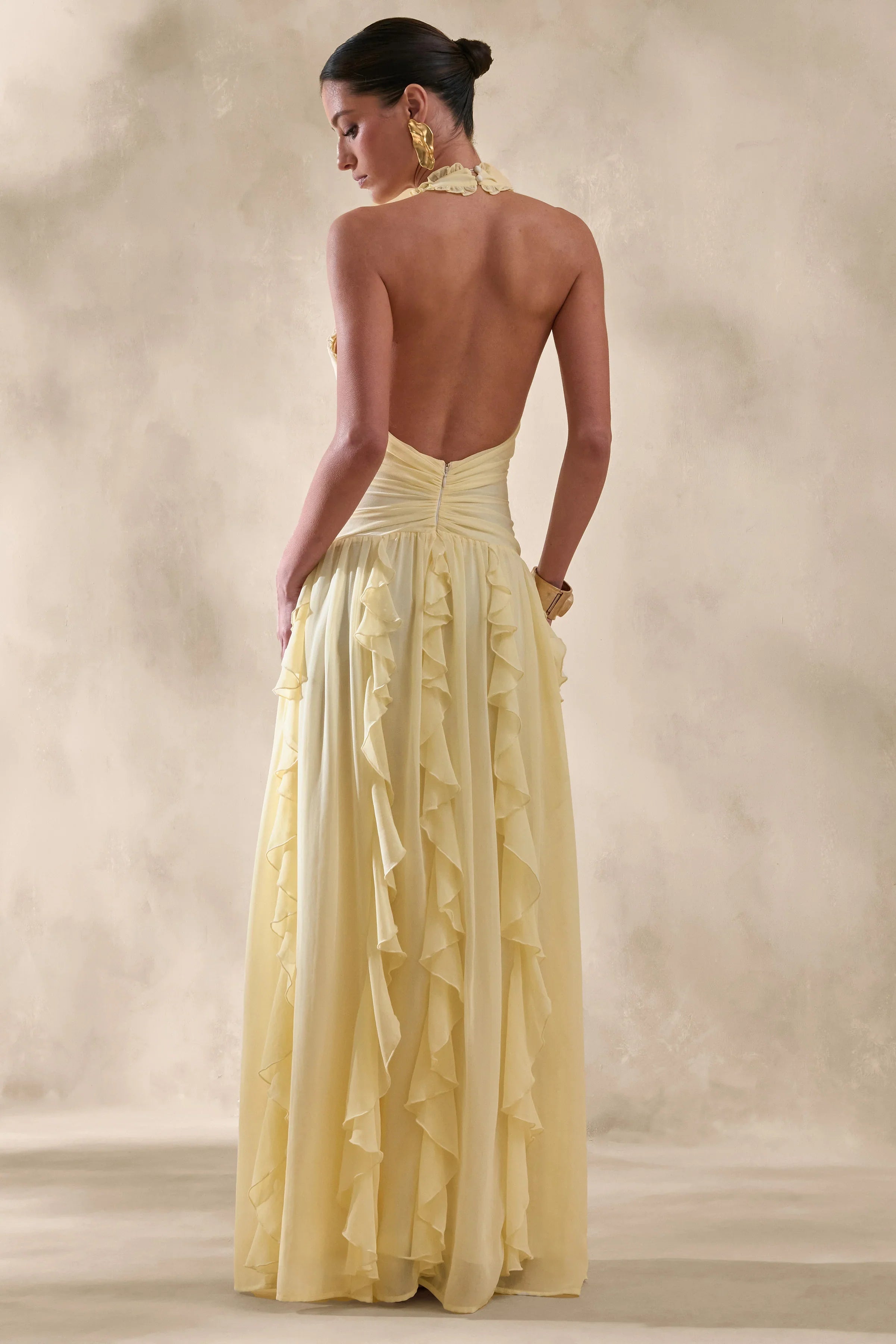 Bea Lemon Plunge Neck Ruffled Maxi Dress