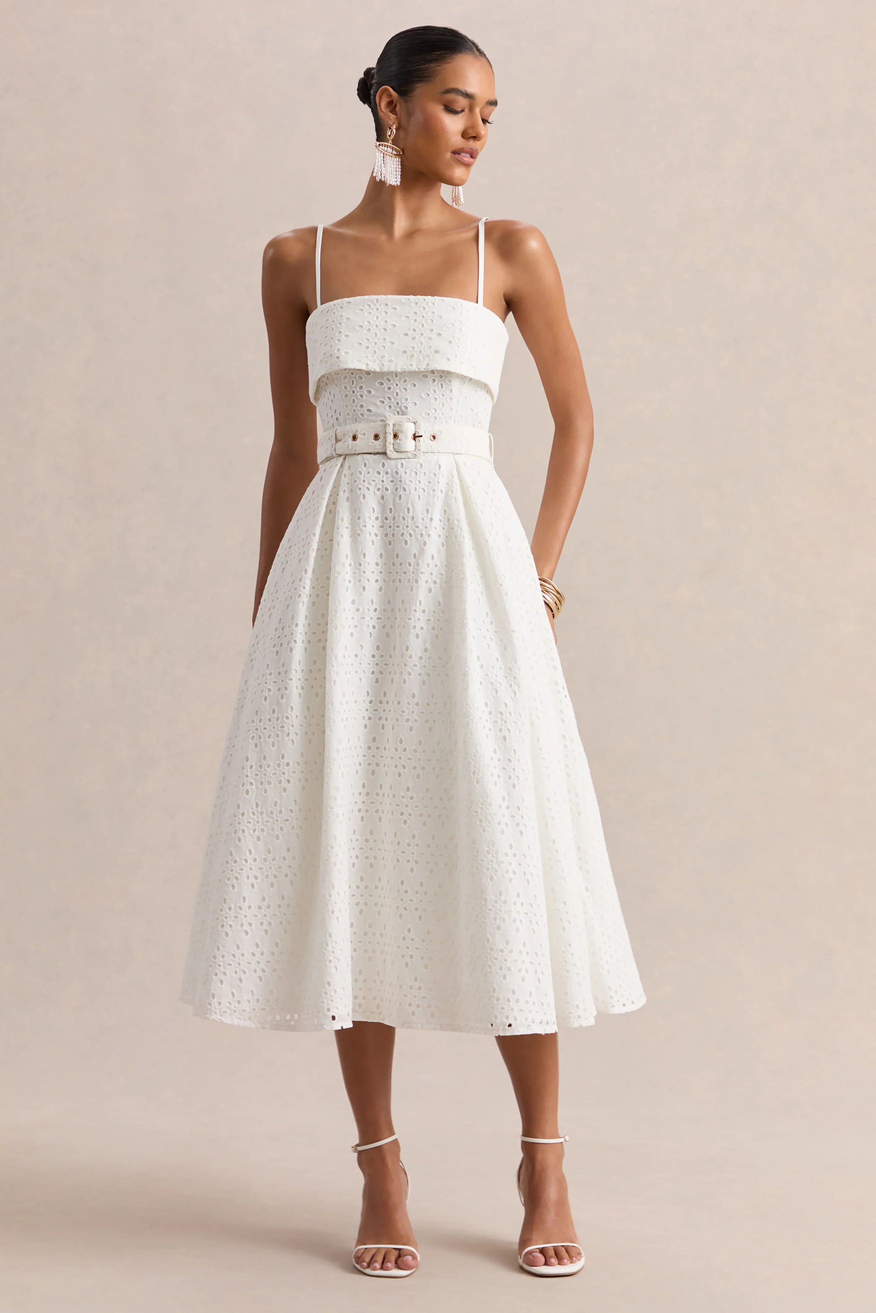 Zoeva Cream Broderie Square Neck Belted Midi Dress