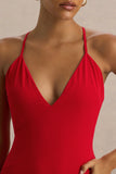 Bogota Red Plunge Neck Maxi Dress With Ruffling Details And Front High Split