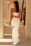 Ceremony Soft Blue Placement Floral Print Bandeau Fishtail Maxi Dress