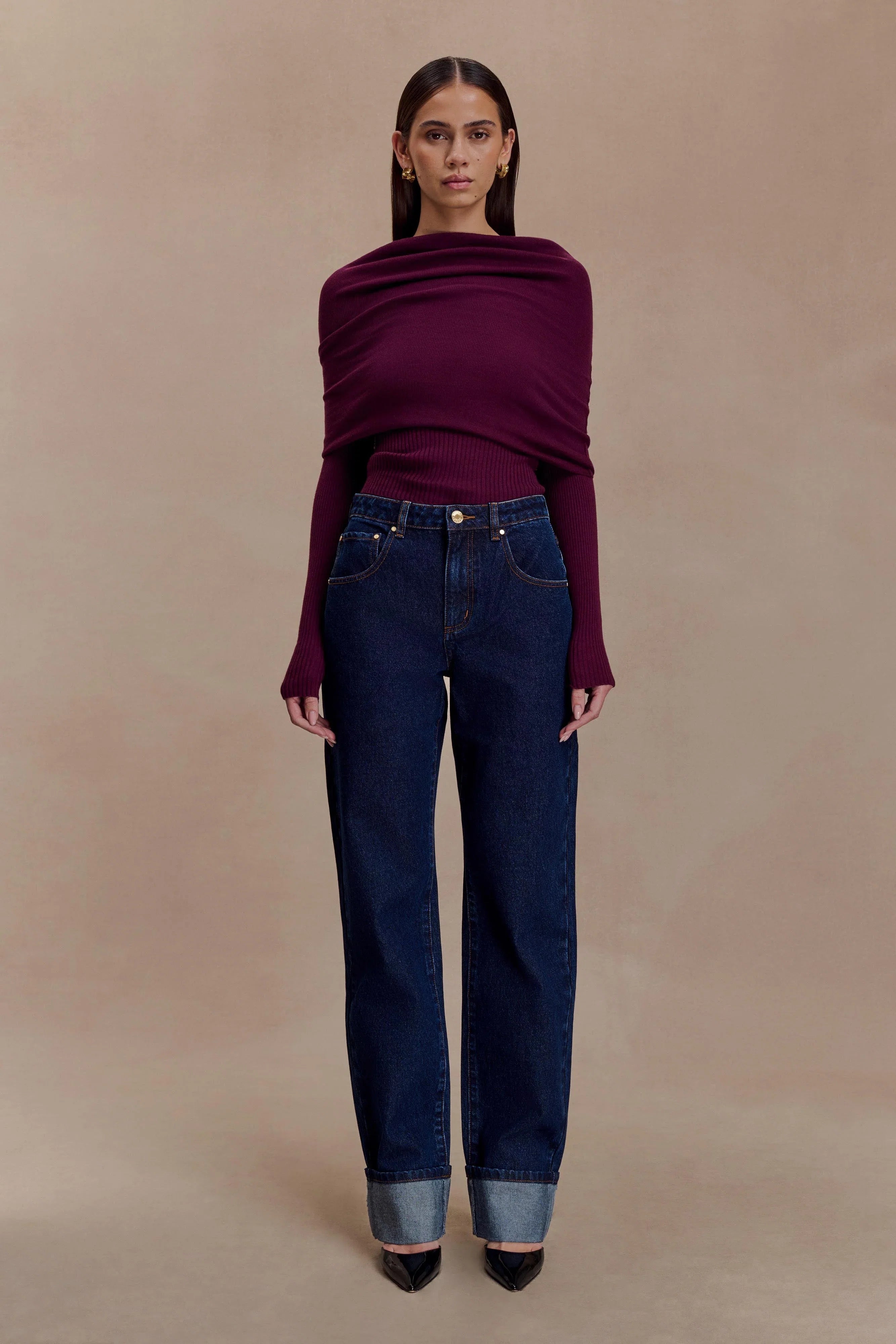 Mazie Asymetrical Cashmere Blend Long Sleeve Knit Top Plum