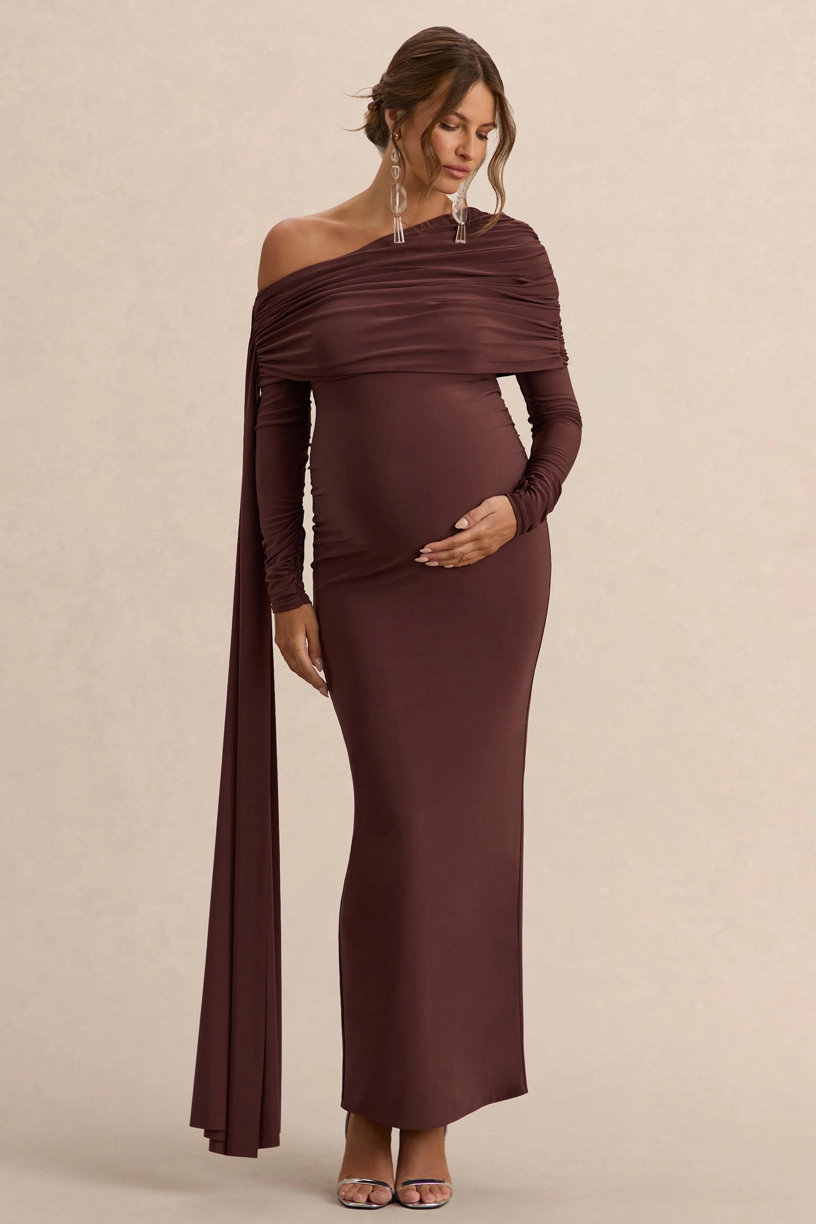 Cyra Brown Asymmetric Neck Maternity Maxi Dress With Sash