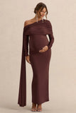 Cyra Brown Asymmetric Neck Maternity Maxi Dress With Sash