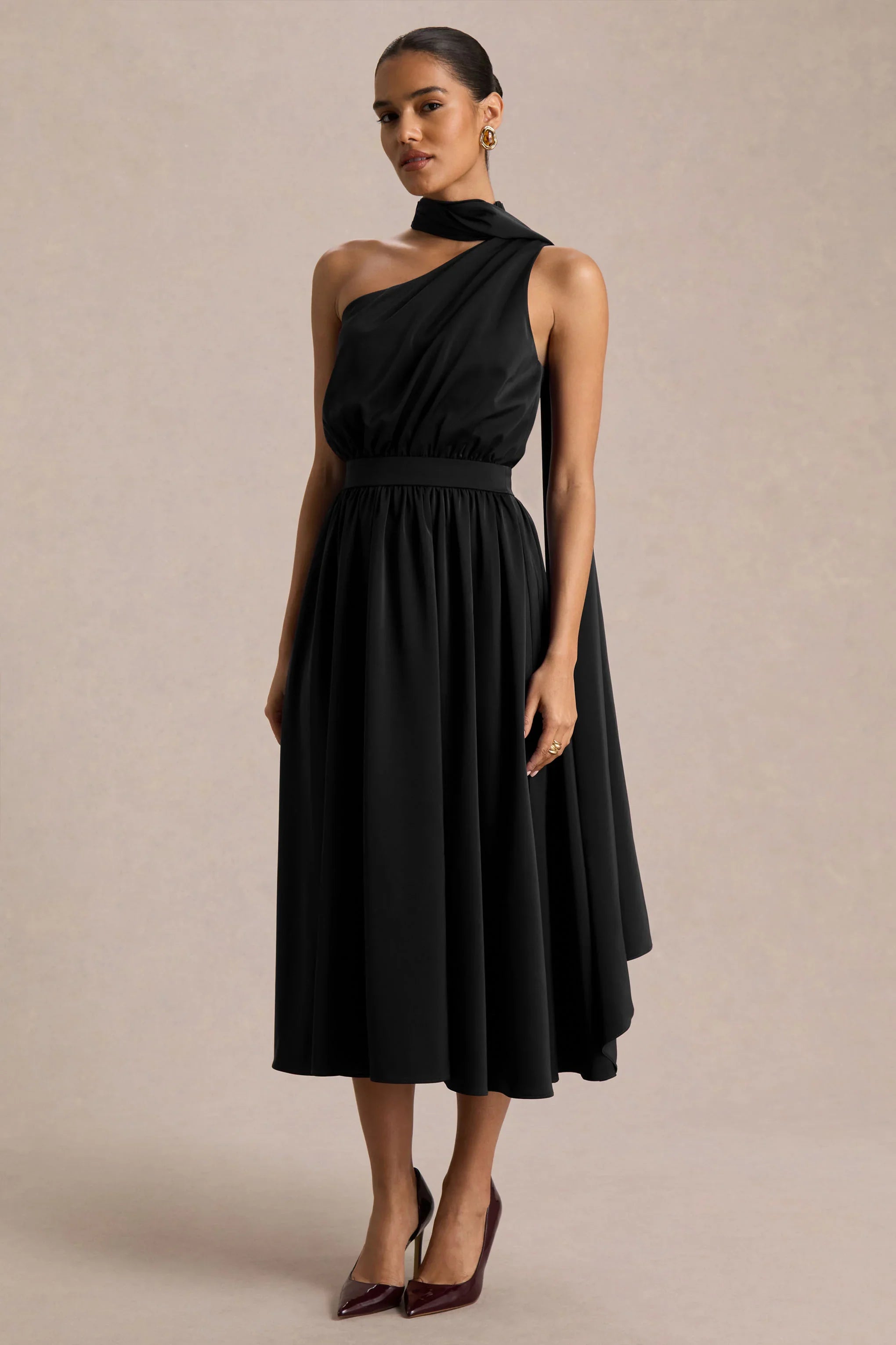 Caluna Black Satin Asymmetric Neck Midi Dress With Scarf Detail