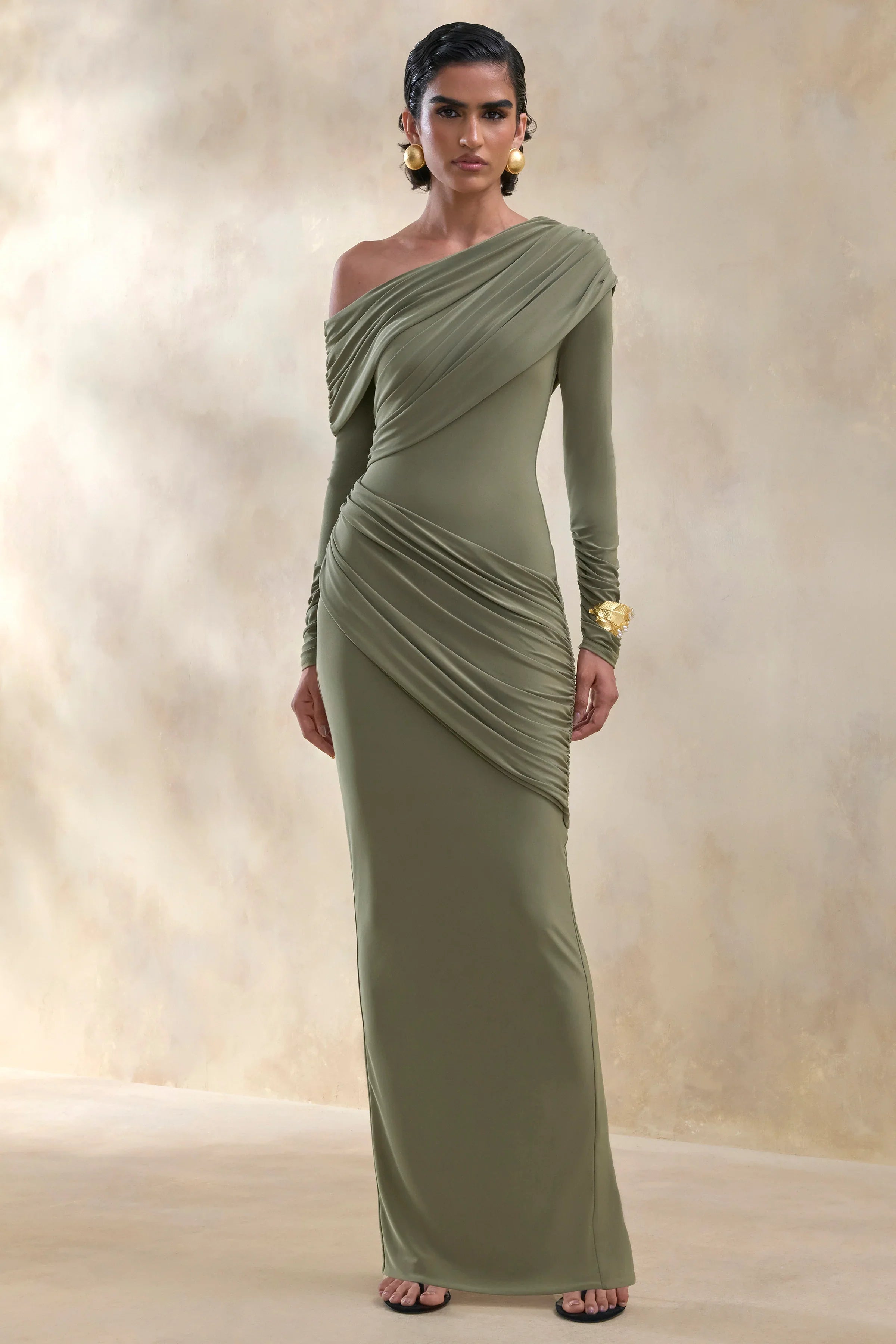 Rosirene Olive Asymmetric Neck Maxi Dress With Draped Detailing