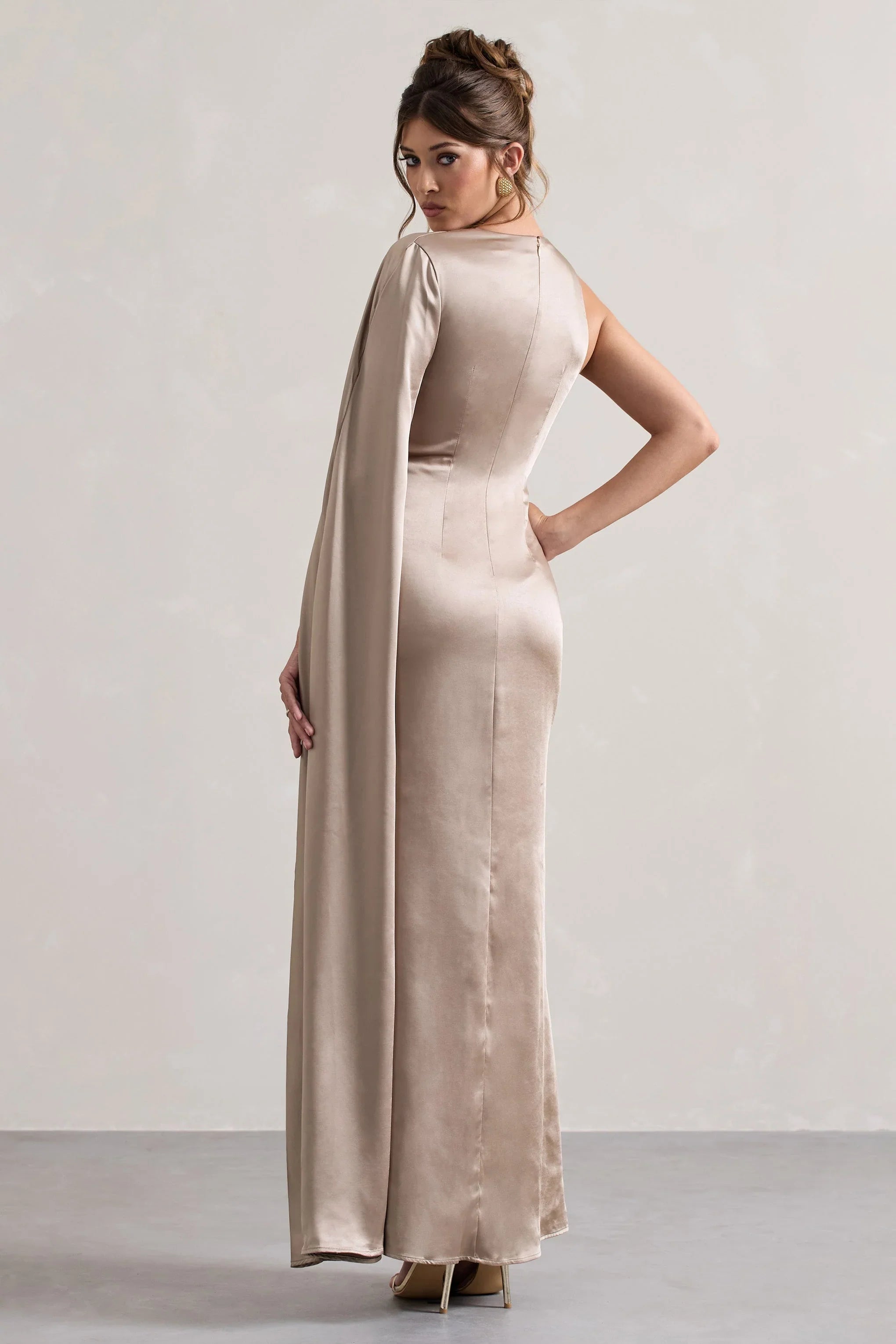 Gala Taupe Satin One Shoulder Cape Sleeve Split Maxi Dress