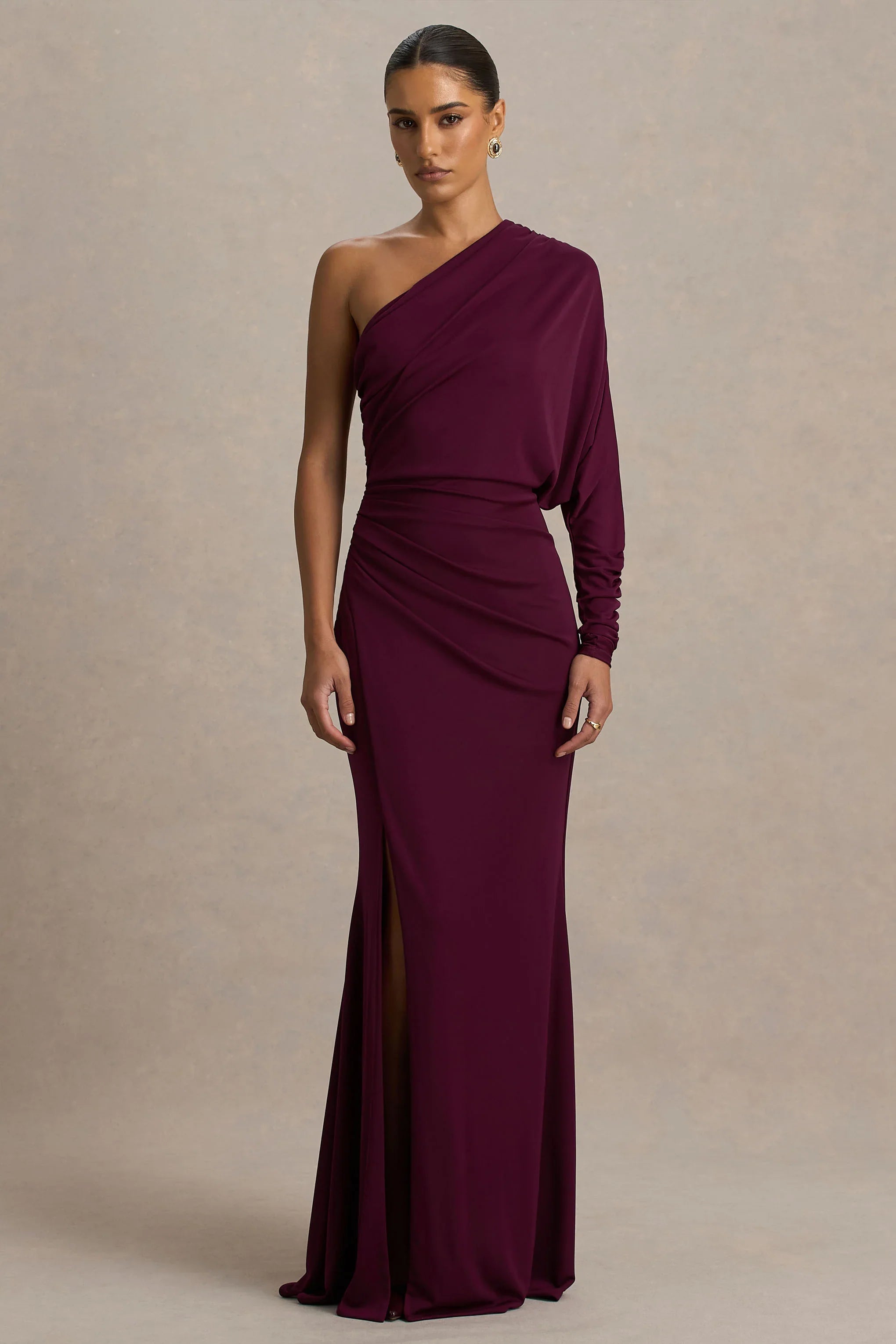 Lola Burgundy Asymmetric Neck Maxi Dress With Ruched Detailing And Front High Split