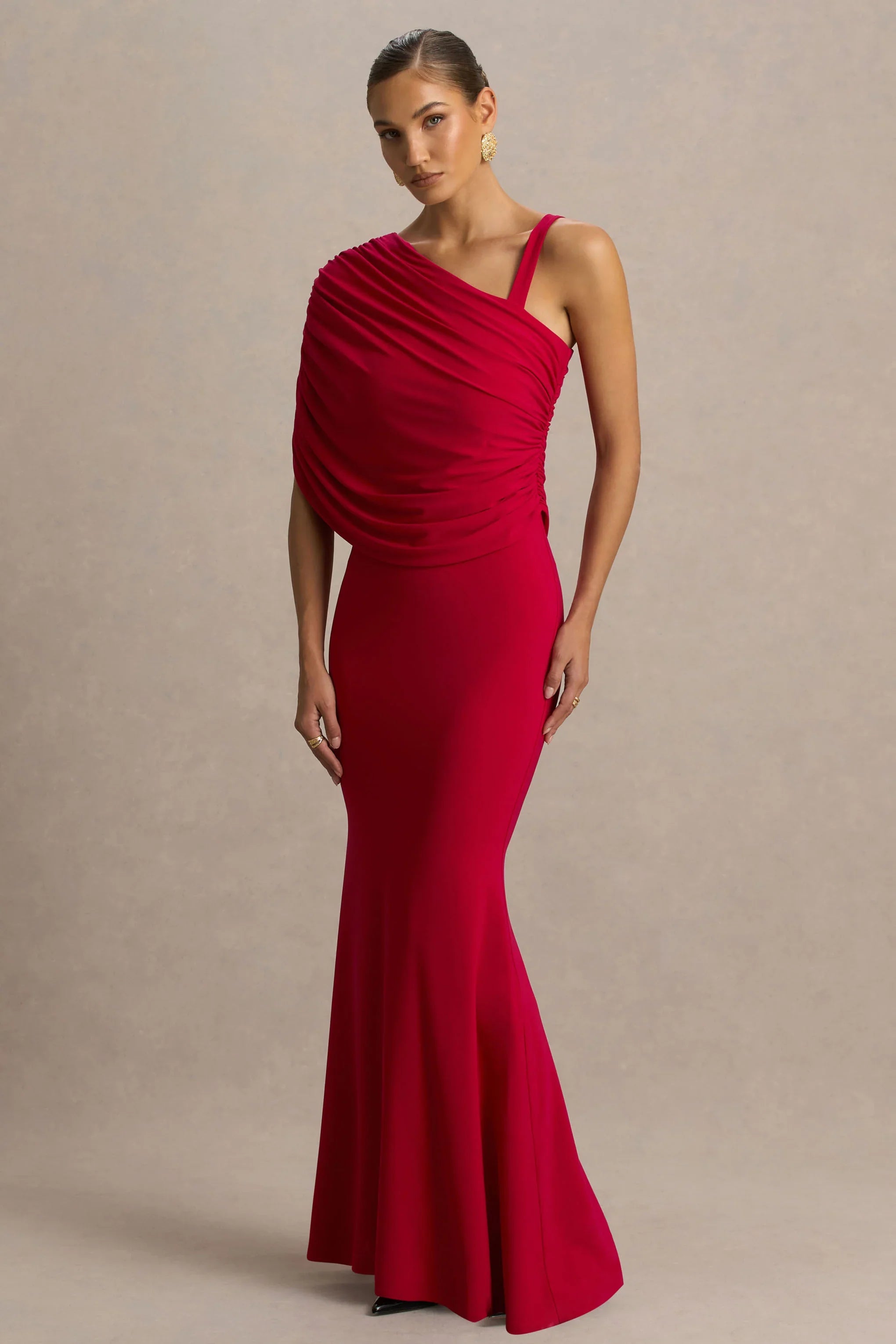 Sylvie Red Asymmetric Neck Maxi Dress