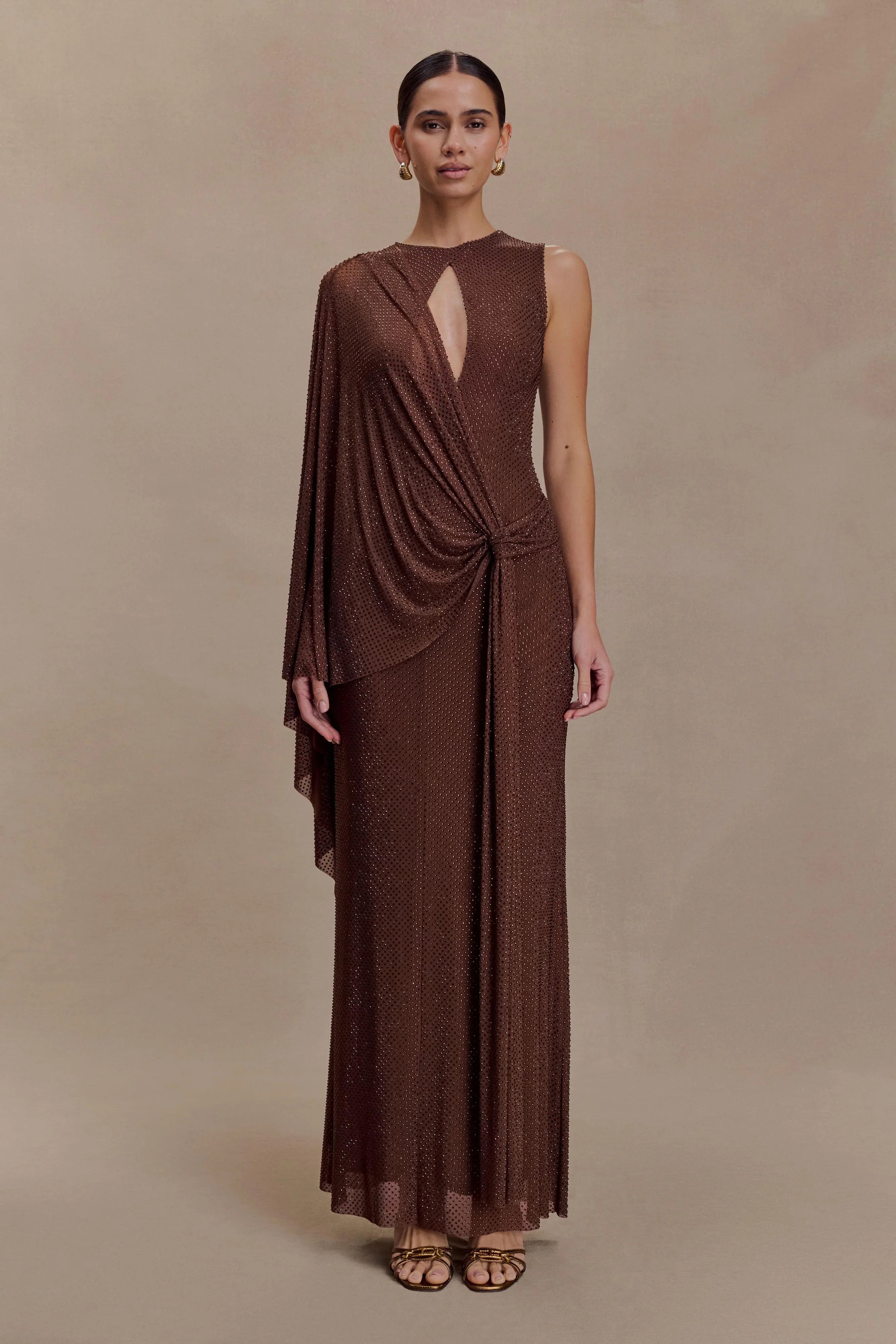 Bakari Diamante Cape Maxi Dress Chocolate