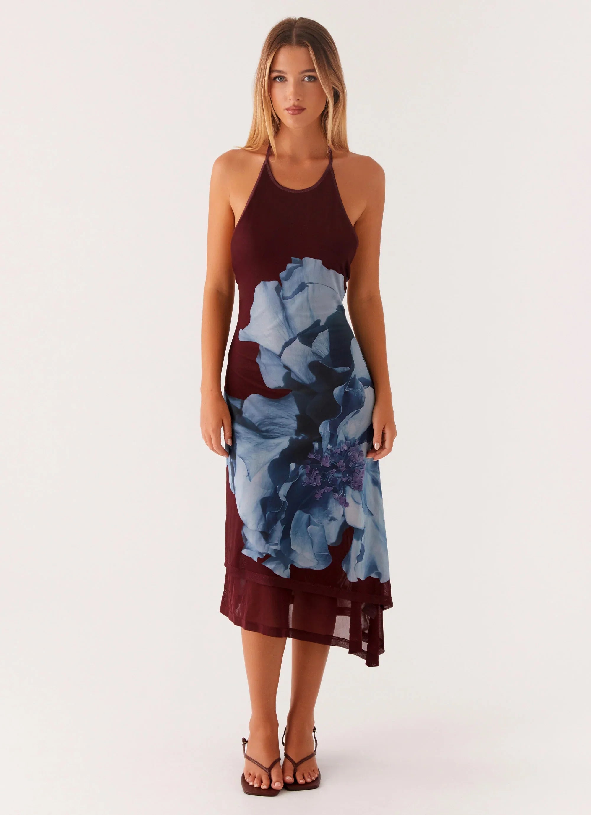 Brinley Halterneck Midi Dress Maroon Print
