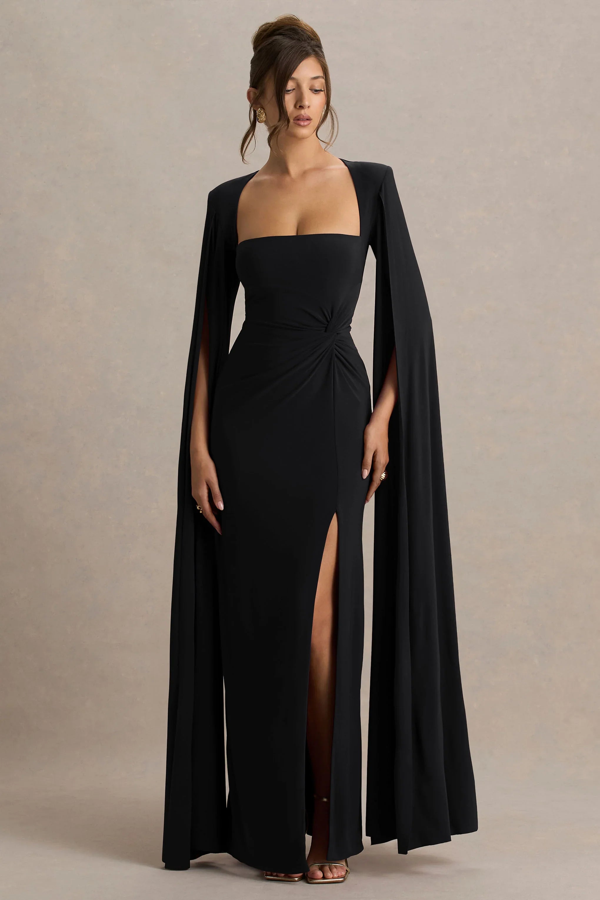 Claretta Black Square Neck Twisted Maxi Dress With Cape Sleeves