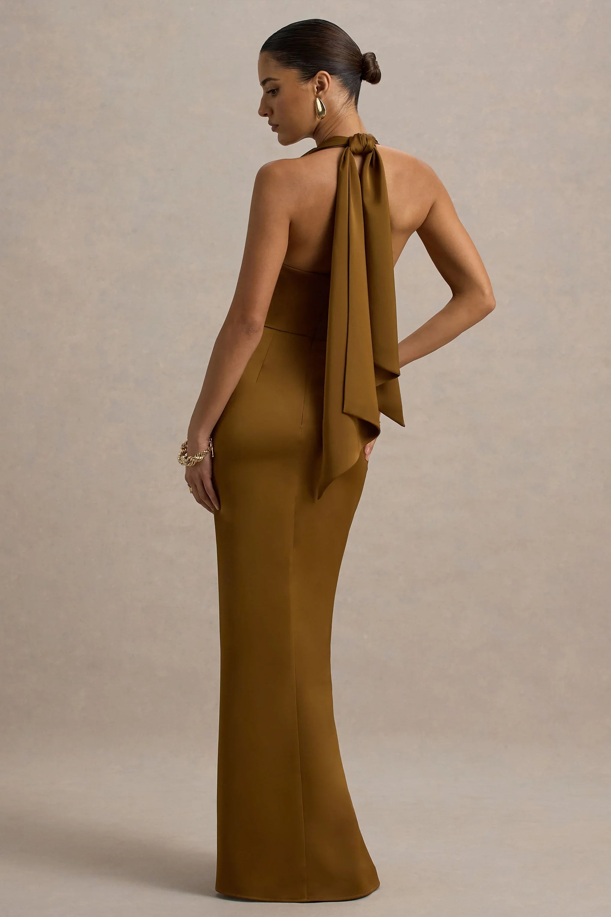 Lynette Olive Satin Plunge Neck Maxi Dress With Asymmetric Hem