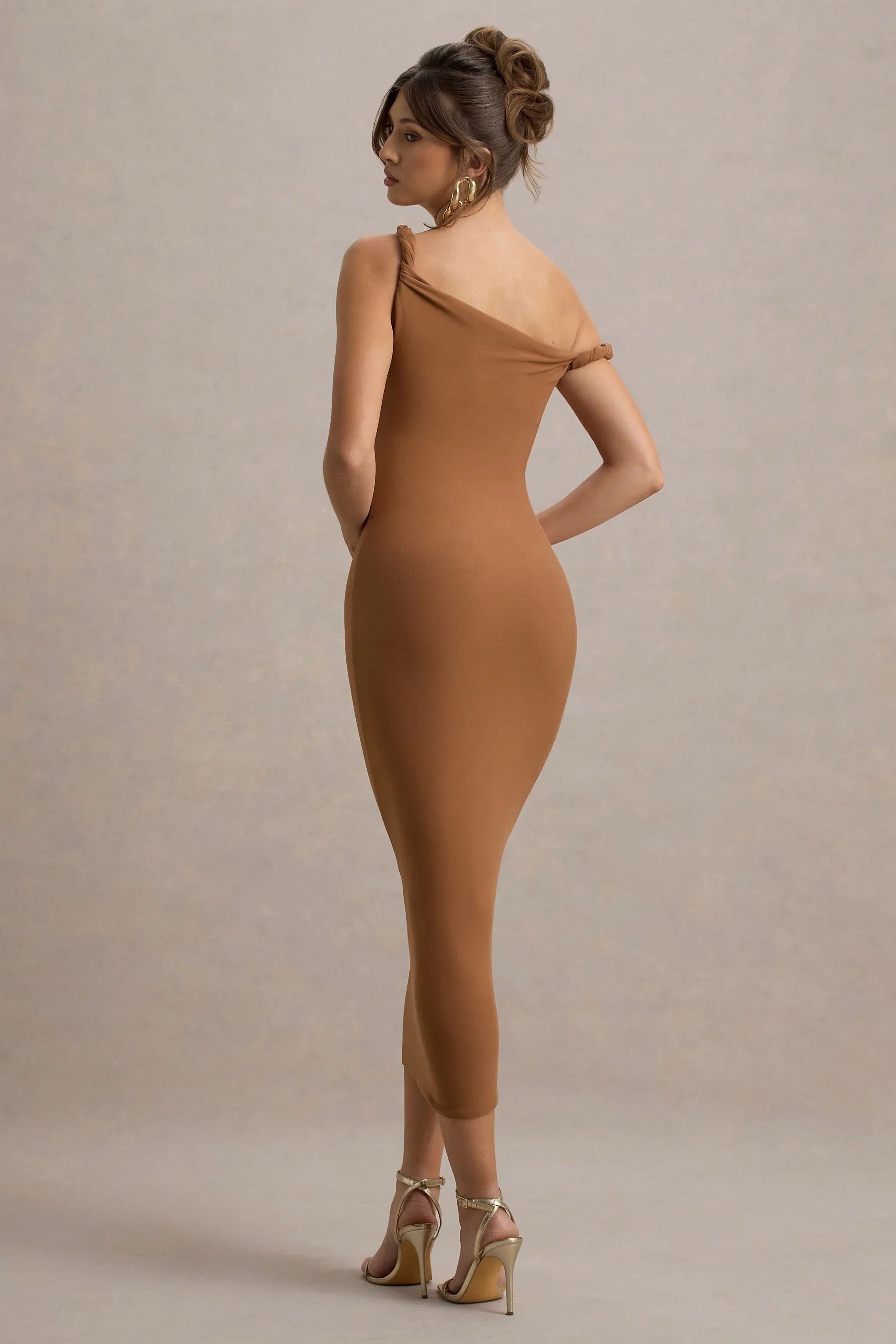 Salome Brown Twisted Asymmetric Midi Dress