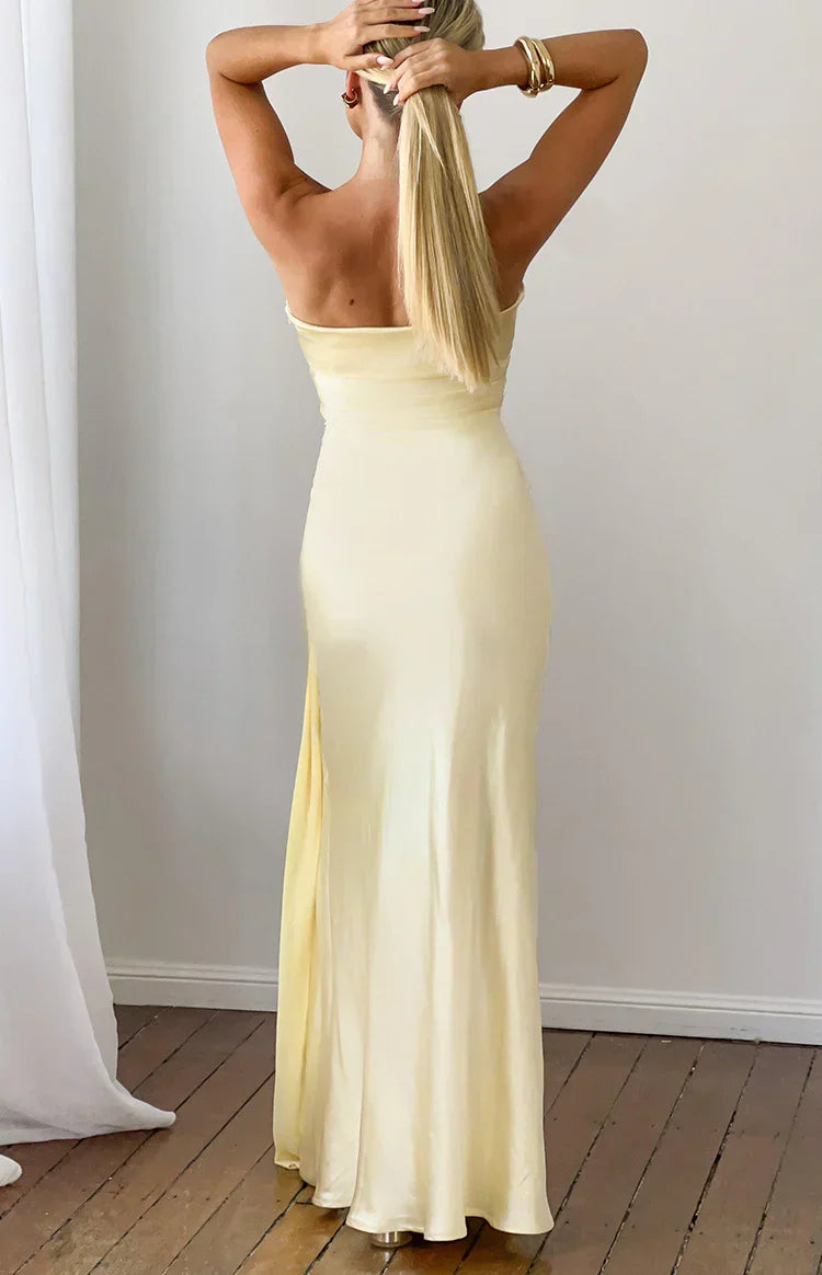 Novie Yellow Tie Detail Satin Strapless Maxi Dress PRE ORDER