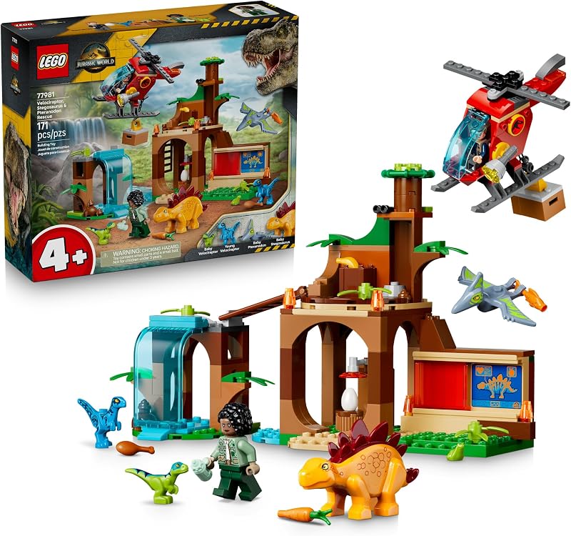 LEGO Jurassic World Velociraptor Stegosaurus Pteranodon Rescue 77981 Building Toy for Boys Girls Ages 4 Dinosaur Toy Playset for Preschoolers Pretend Play 171 pieces Gift for Birthdays