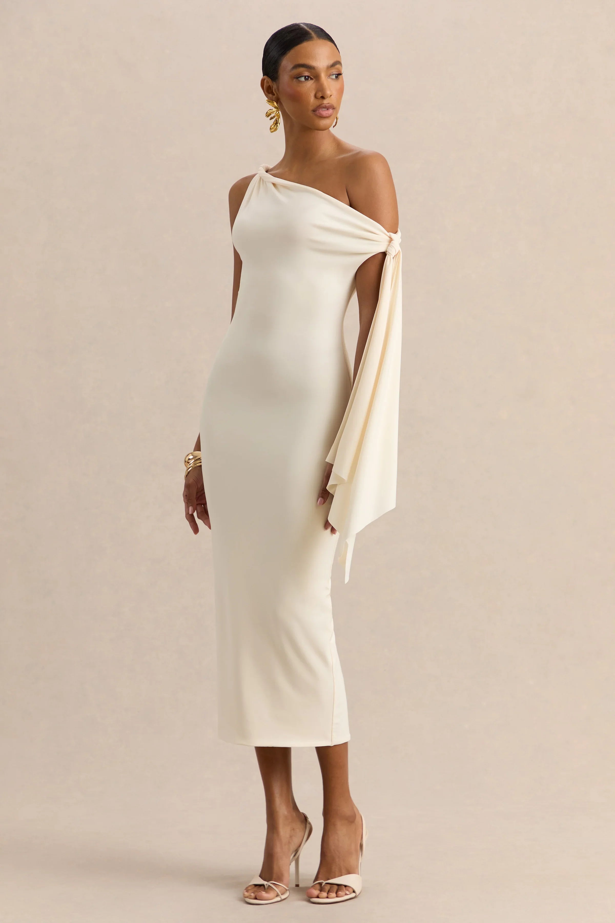 Arcelia Cream Asymmetric Neck Midi Dress With Knot Sleeve Detail