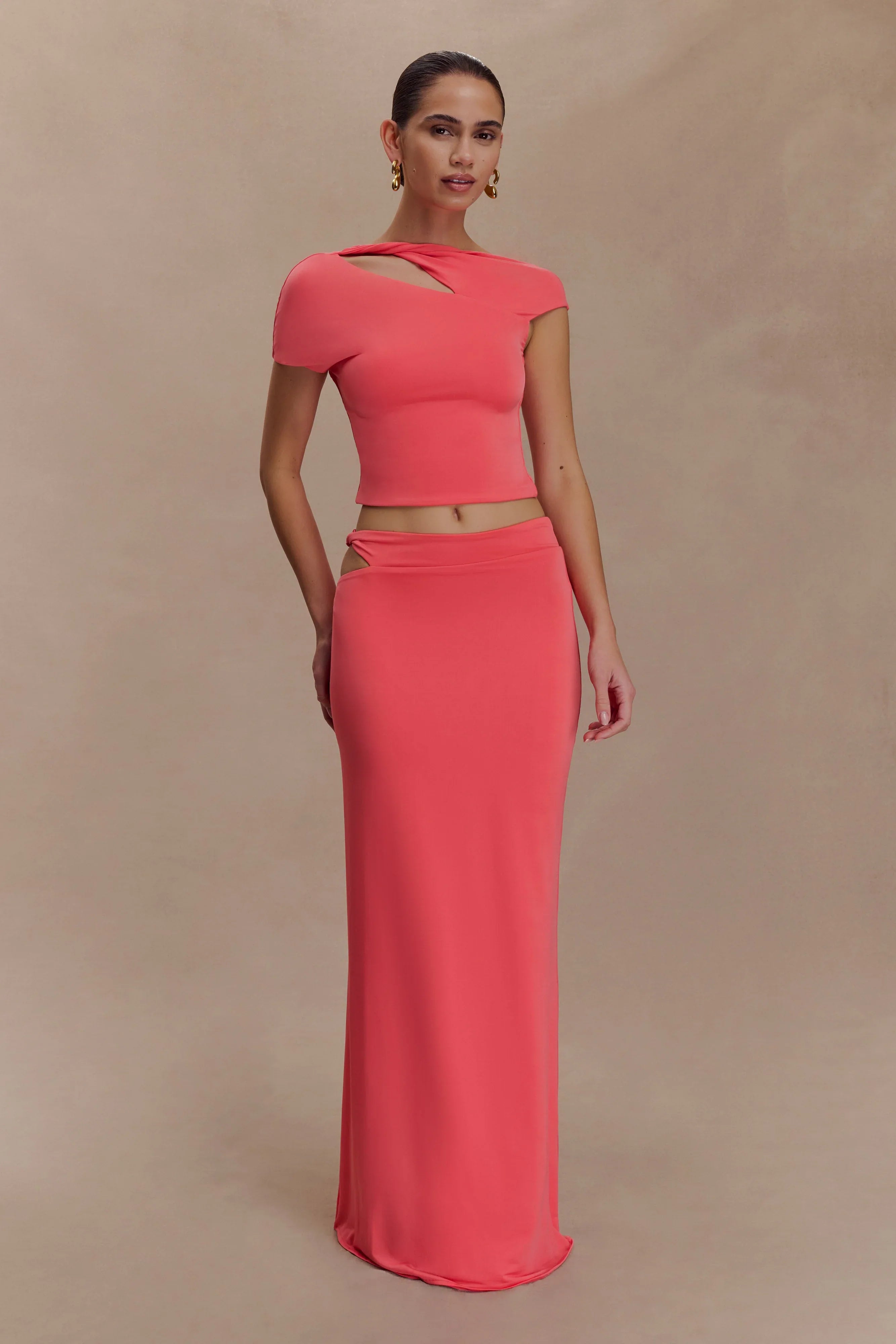 Haven Slinky Twist Midi Skirt Coral