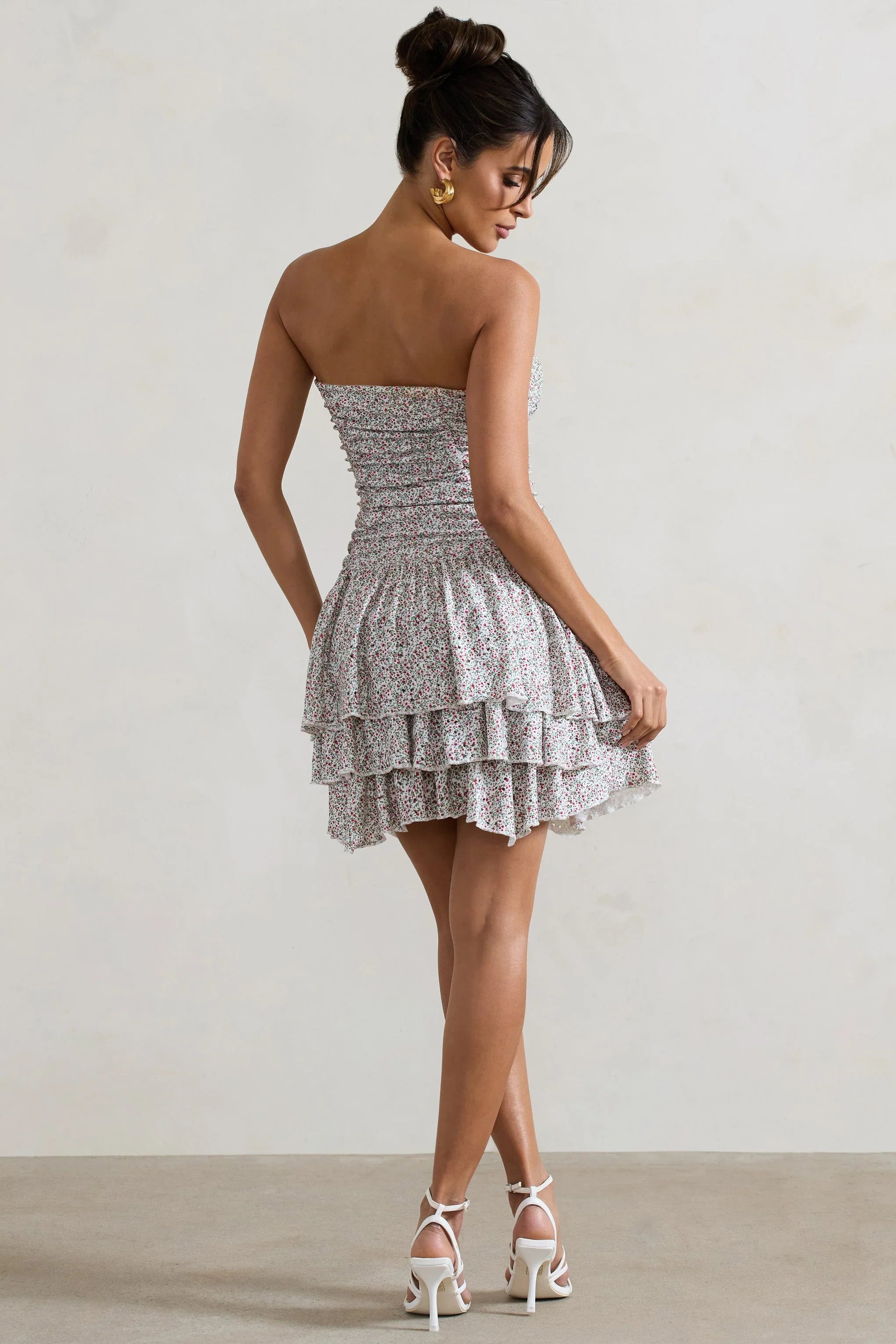 Casena Red White Floral Print Strapless Ruffle Hem Mini Dress
