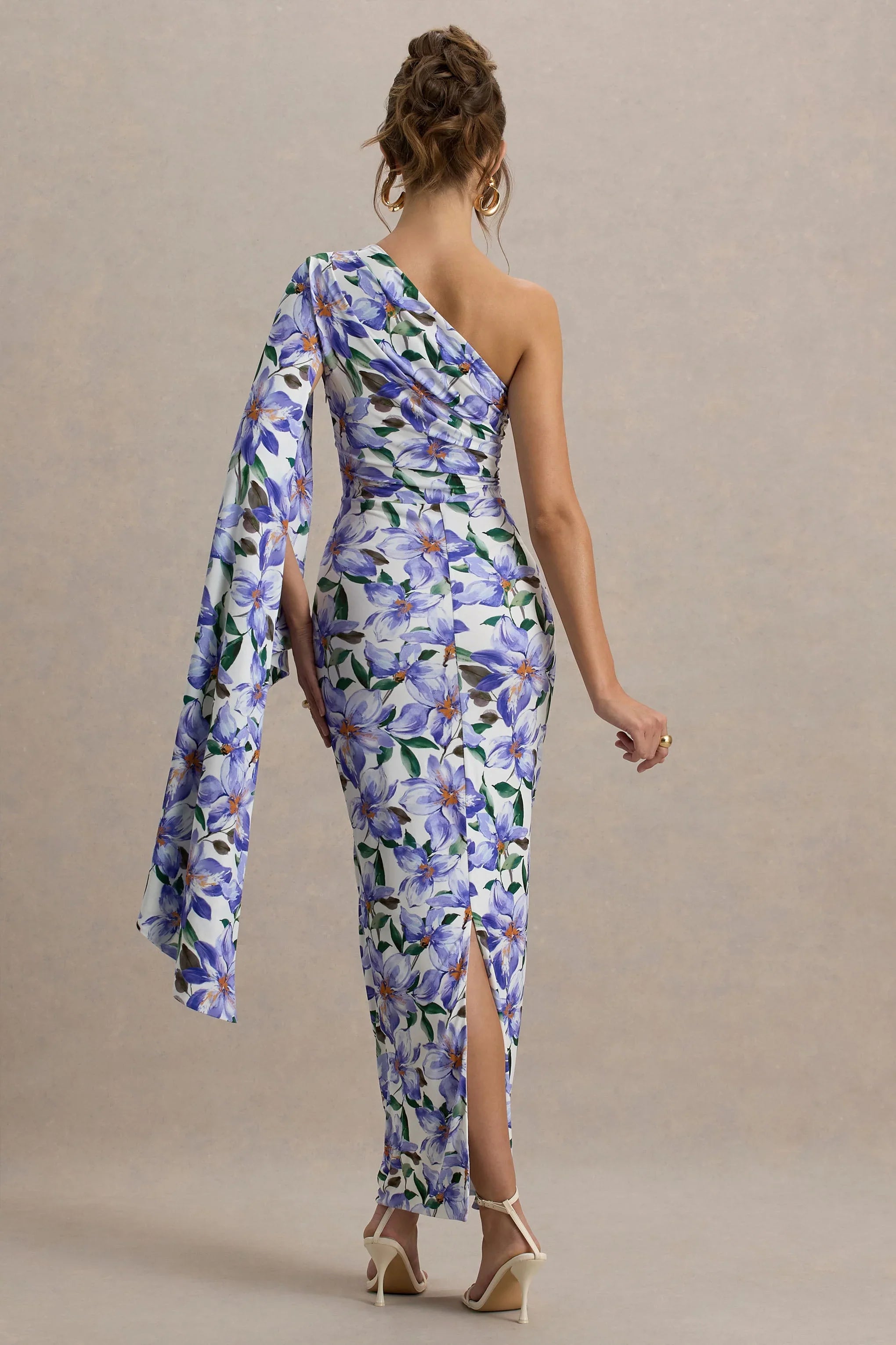 Clementina Purple Lily Print Asymmetric Cape Sleeve Maxi Dress