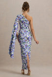 Clementina Purple Lily Print Asymmetric Cape Sleeve Maxi Dress