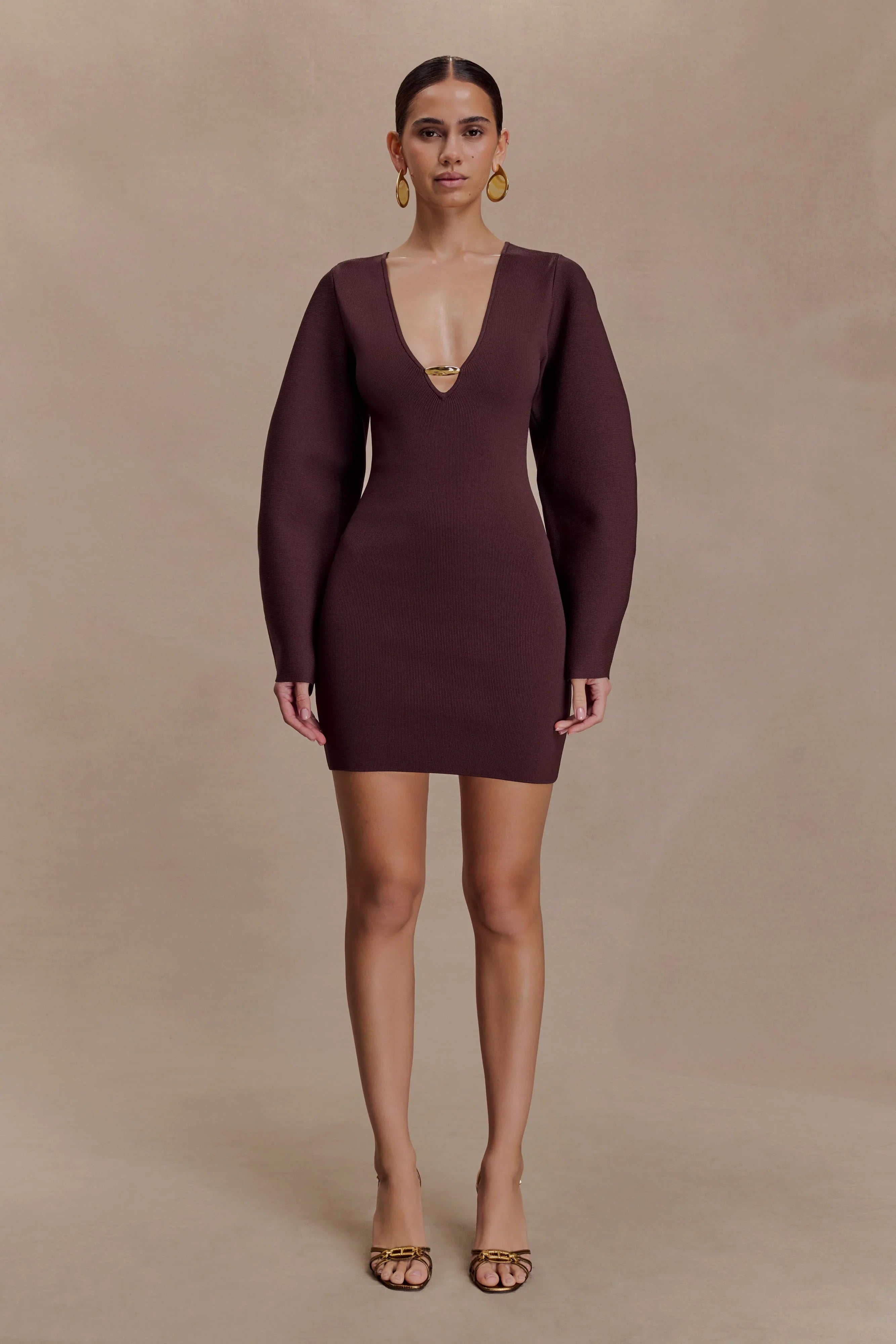 Billy Balloon Sleeve Knit Mini Dress Dark Chocolate