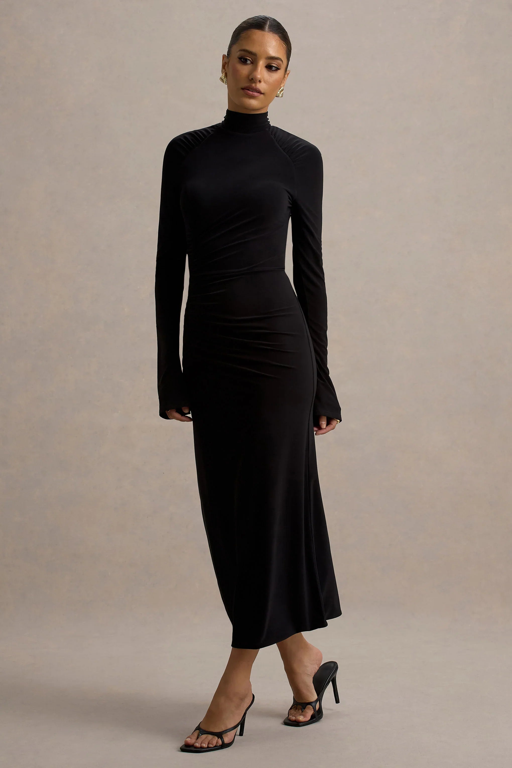Cassandra Black High Neck Long Sleeve Midi Dress