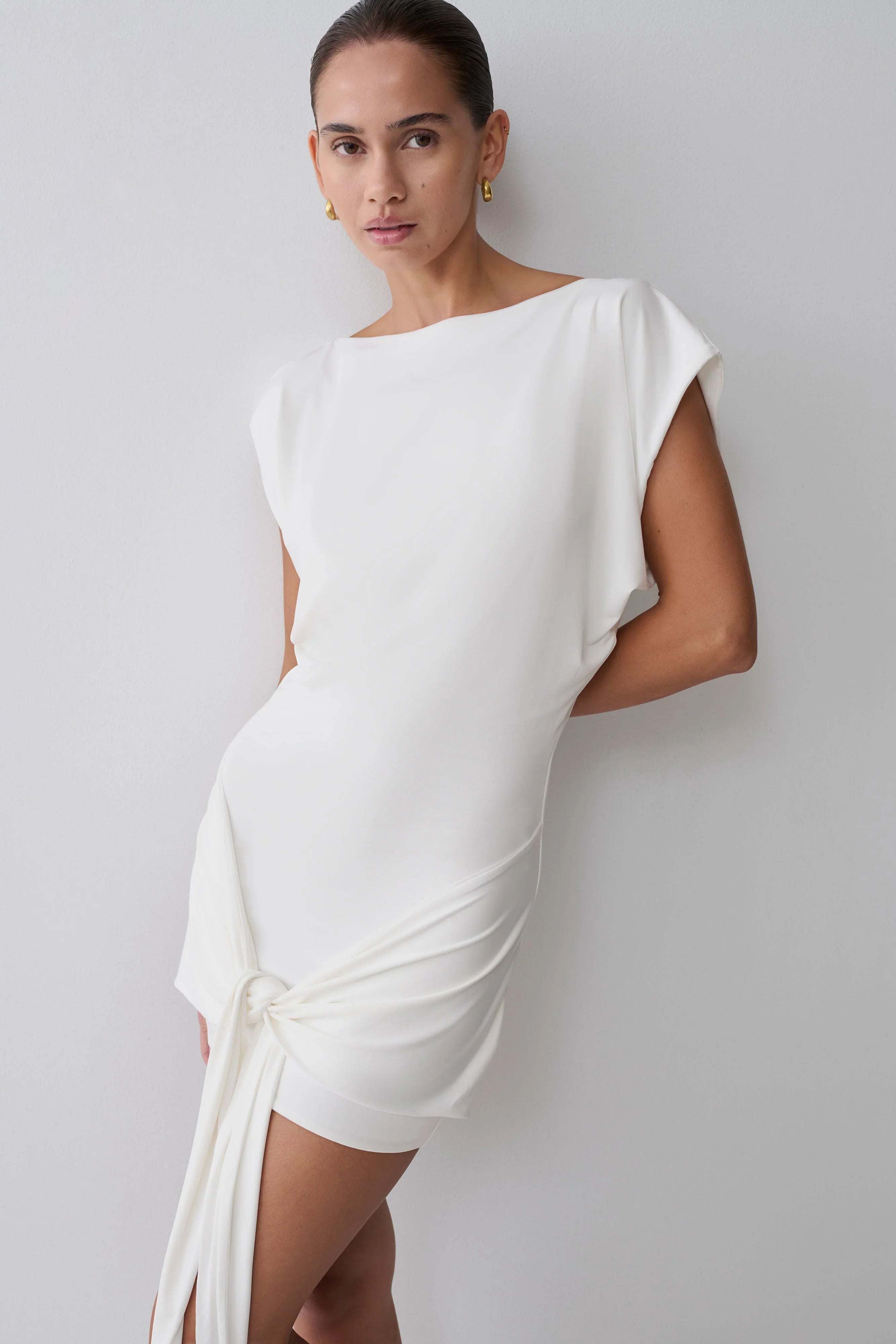 Maiara Shortsleeve Slinky Tie Mini Dress White