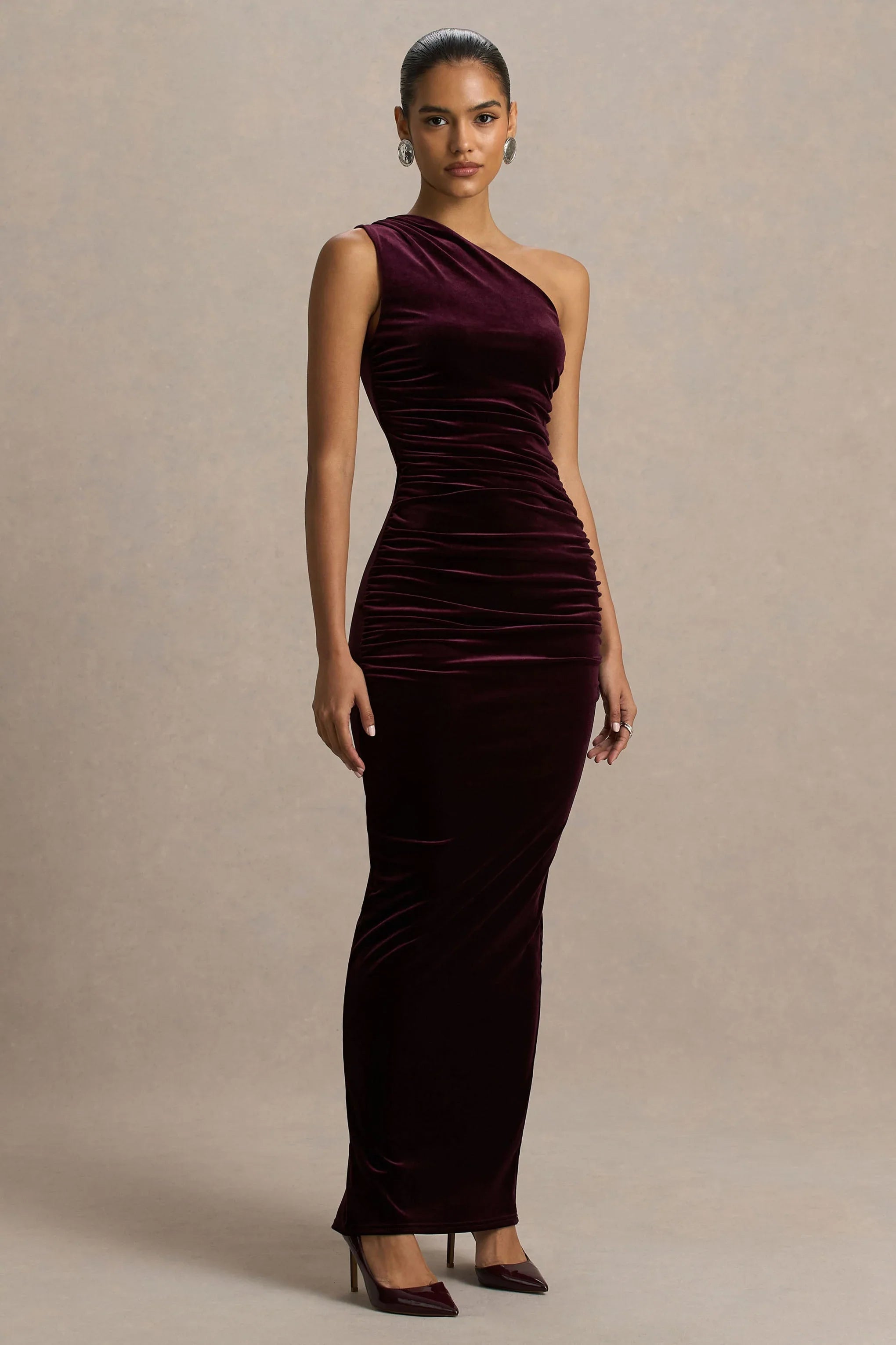 Treat Burgundy Velvet Asymmetric Neck Maxi Dress With Ruched Detailing