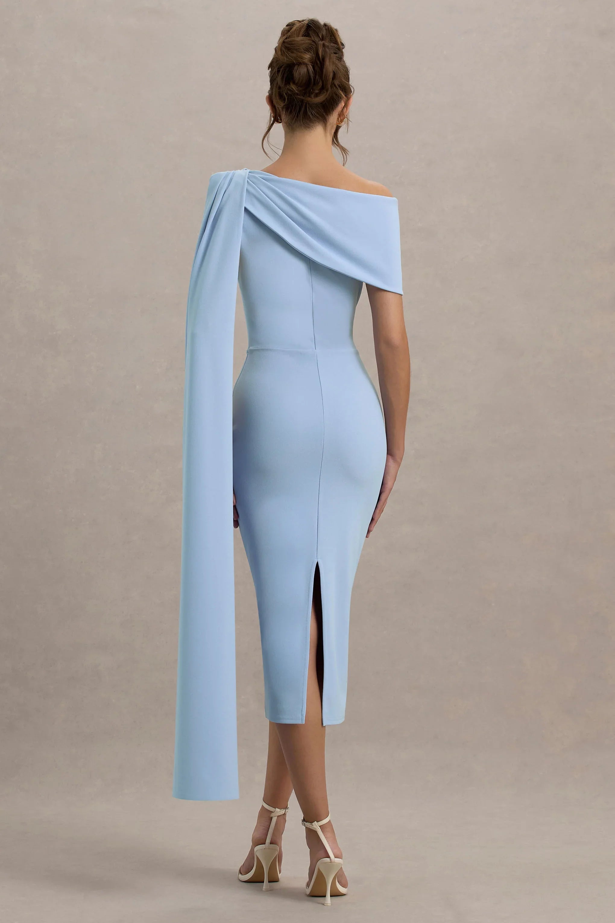 Niamh Powder Blue Asymmetric Midi Dress With Drape