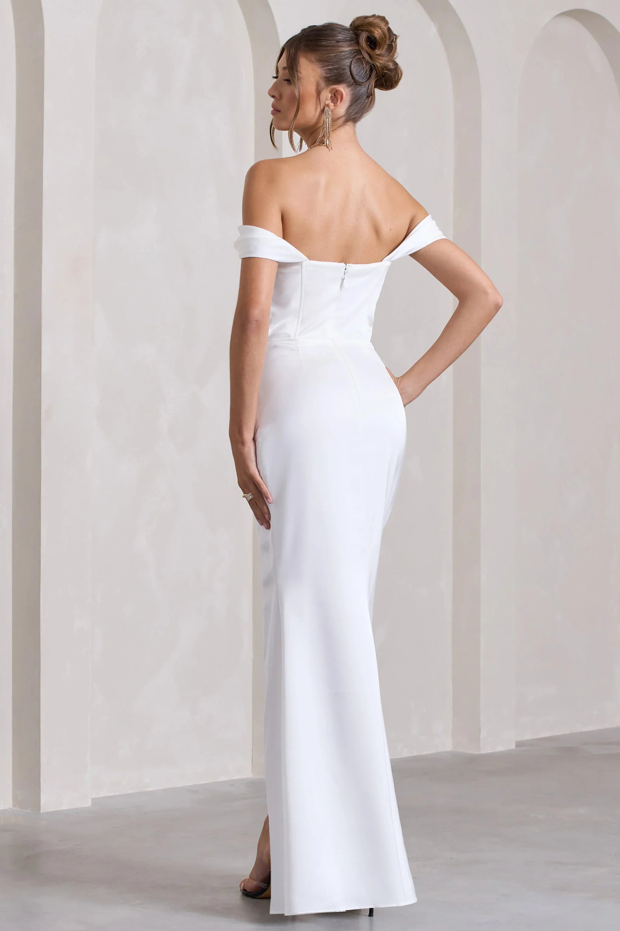 Kimberly White Bardot Satin Maxi Dress