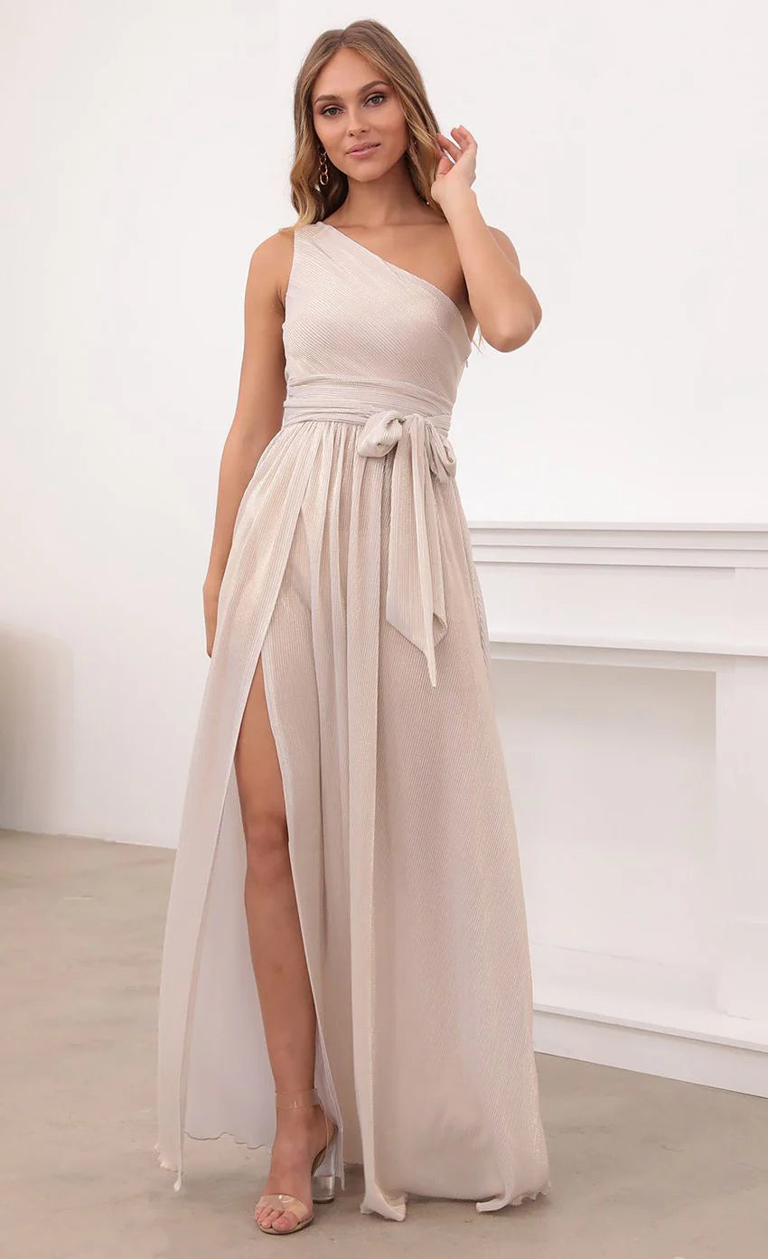 One Shoulder Pleated Dress in Gold