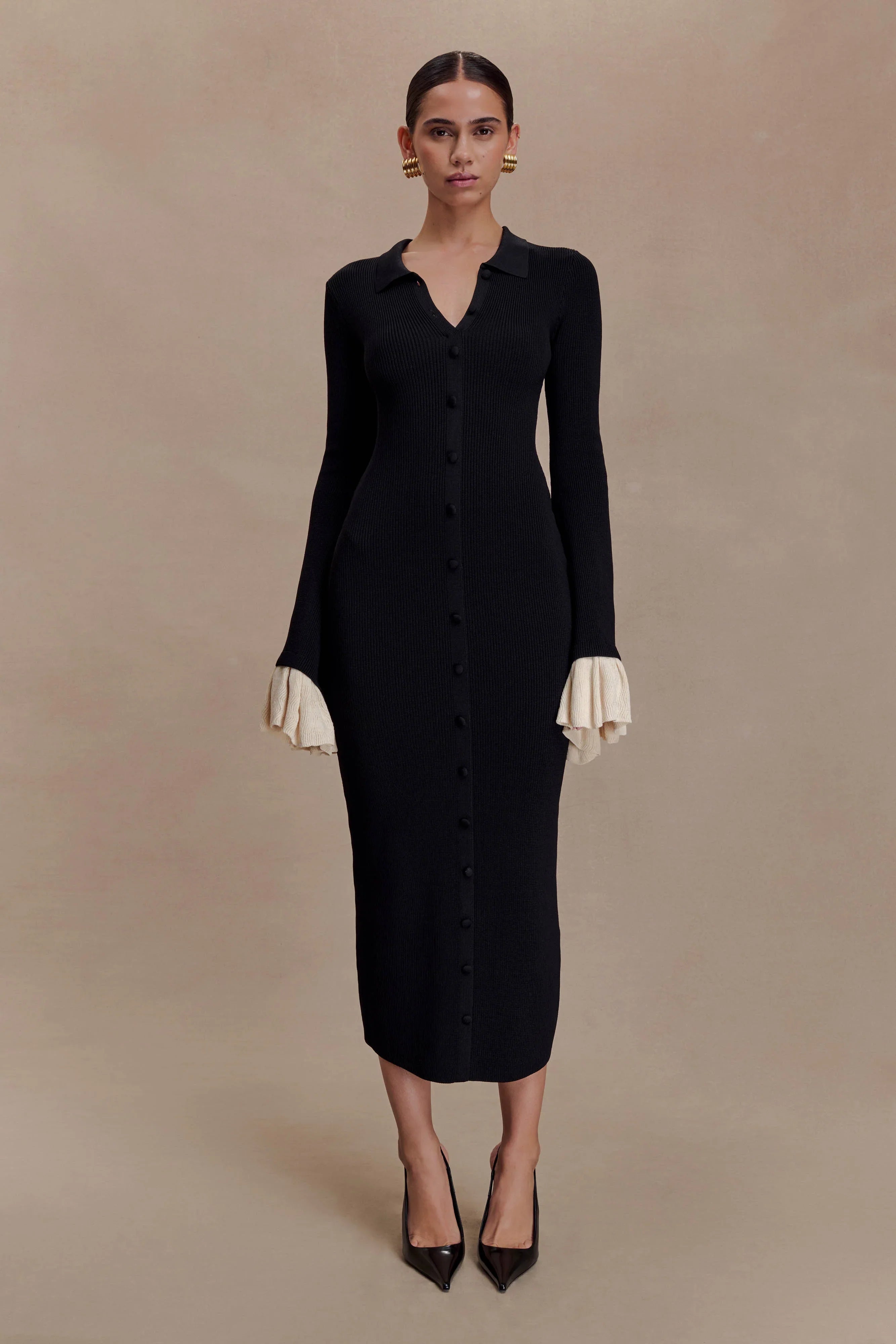 Amirose Ruffle Knit Midi Dress Black