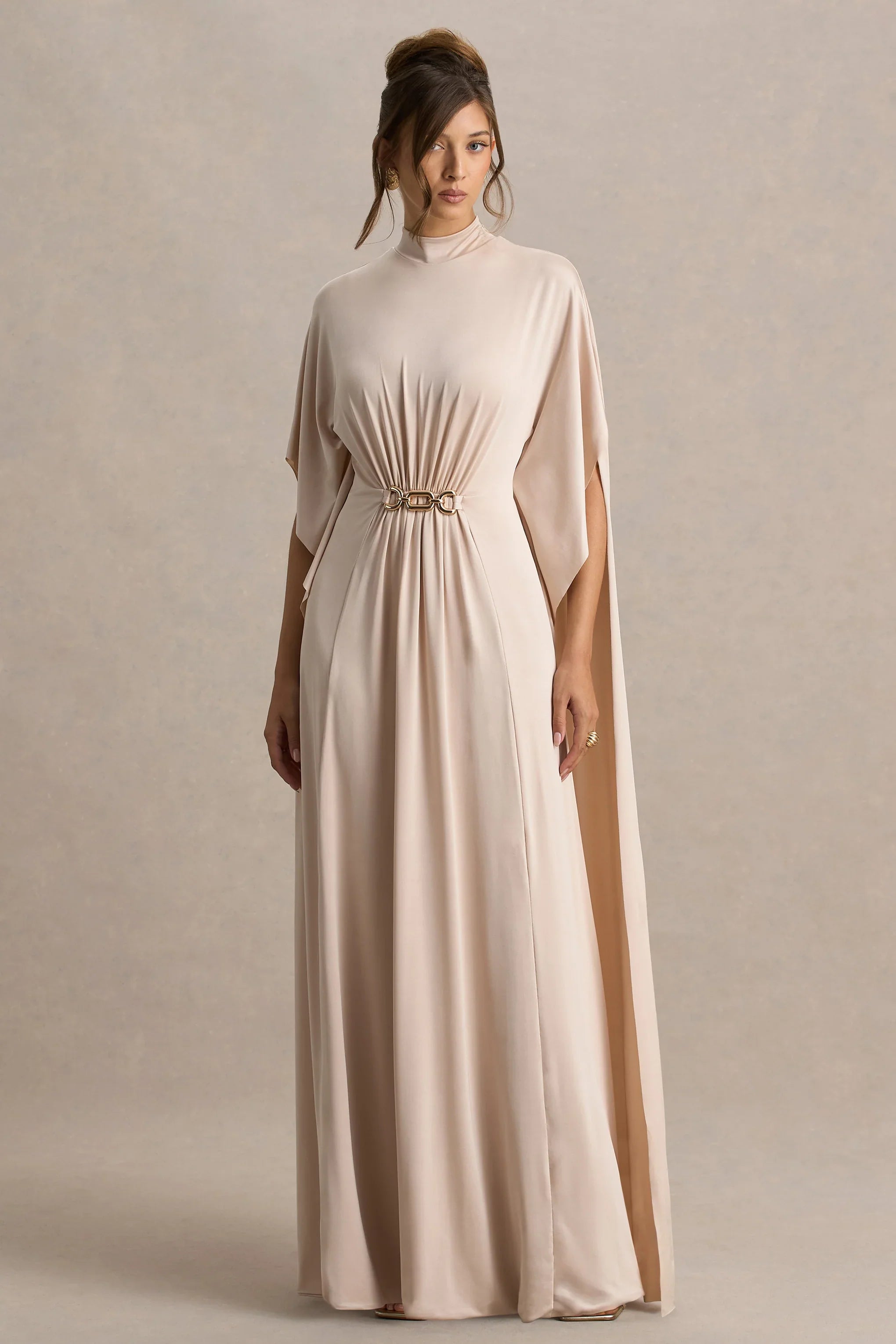 Olessia Champagne Belted Gathered Cape Sleeve Maxi Dress