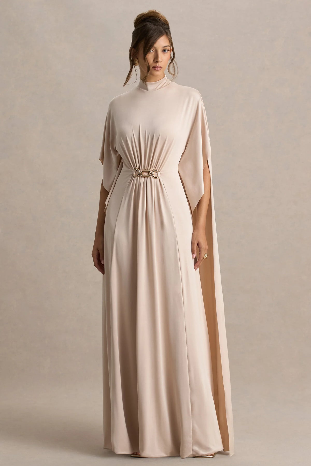 Olessia Champagne Belted Gathered Cape Sleeve Maxi Dress