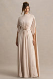 Olessia Champagne Belted Gathered Cape Sleeve Maxi Dress