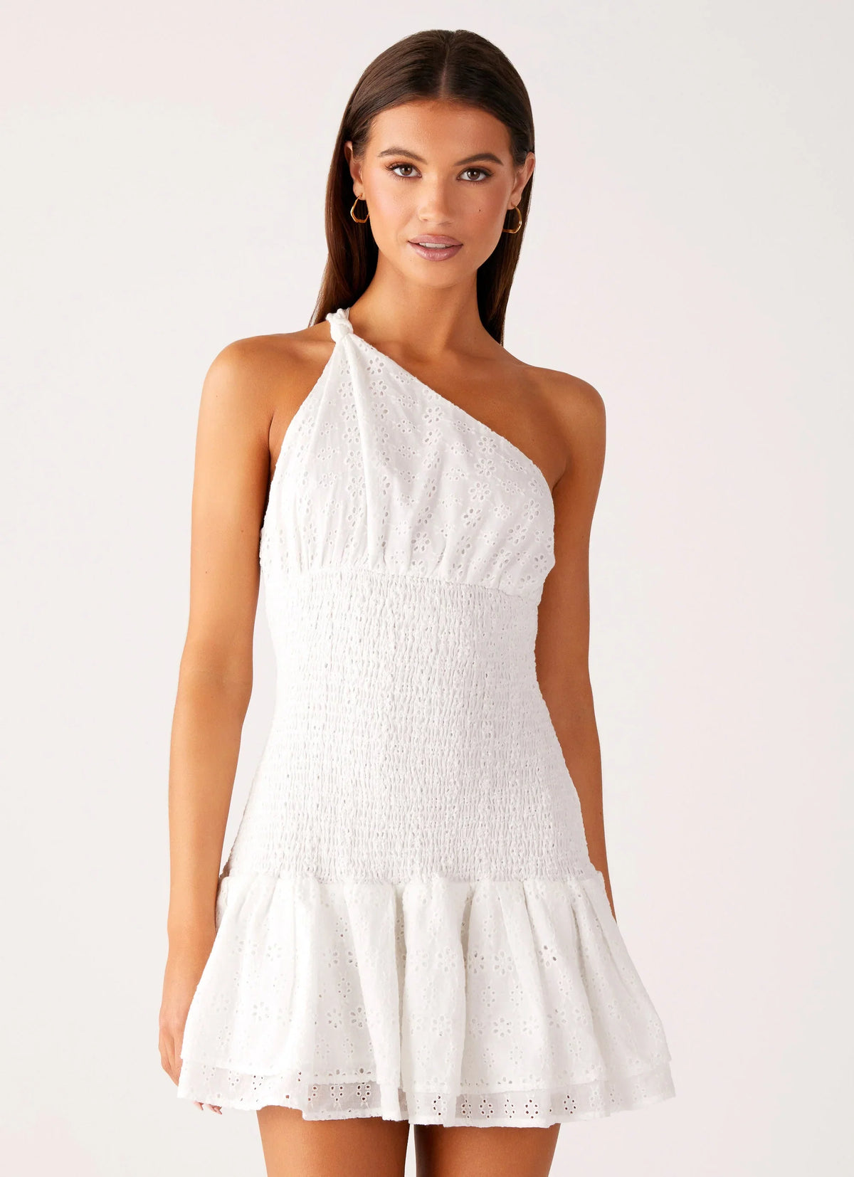 Hestia Drop Waist Shirring Mini Dress White