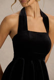 Mirage Black Velvet Halter Neck Mini Dress With Skater Skirt