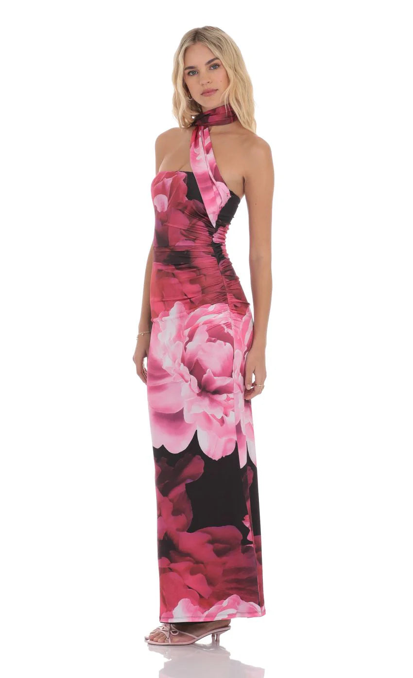 Floral Scarf Maxi Dress in Red and Black