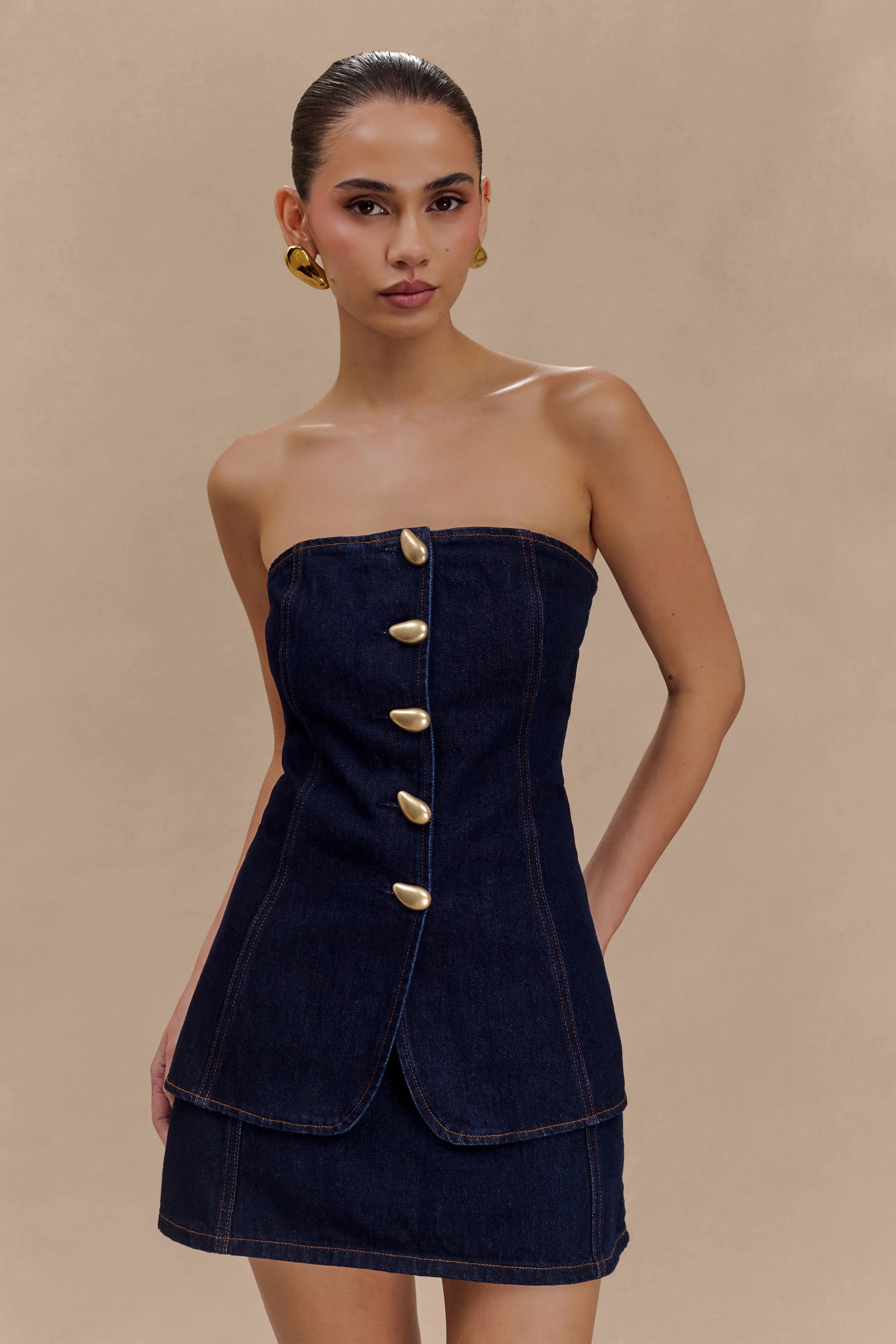 Lennox Strapless Long Line Button Top Indigo Blue