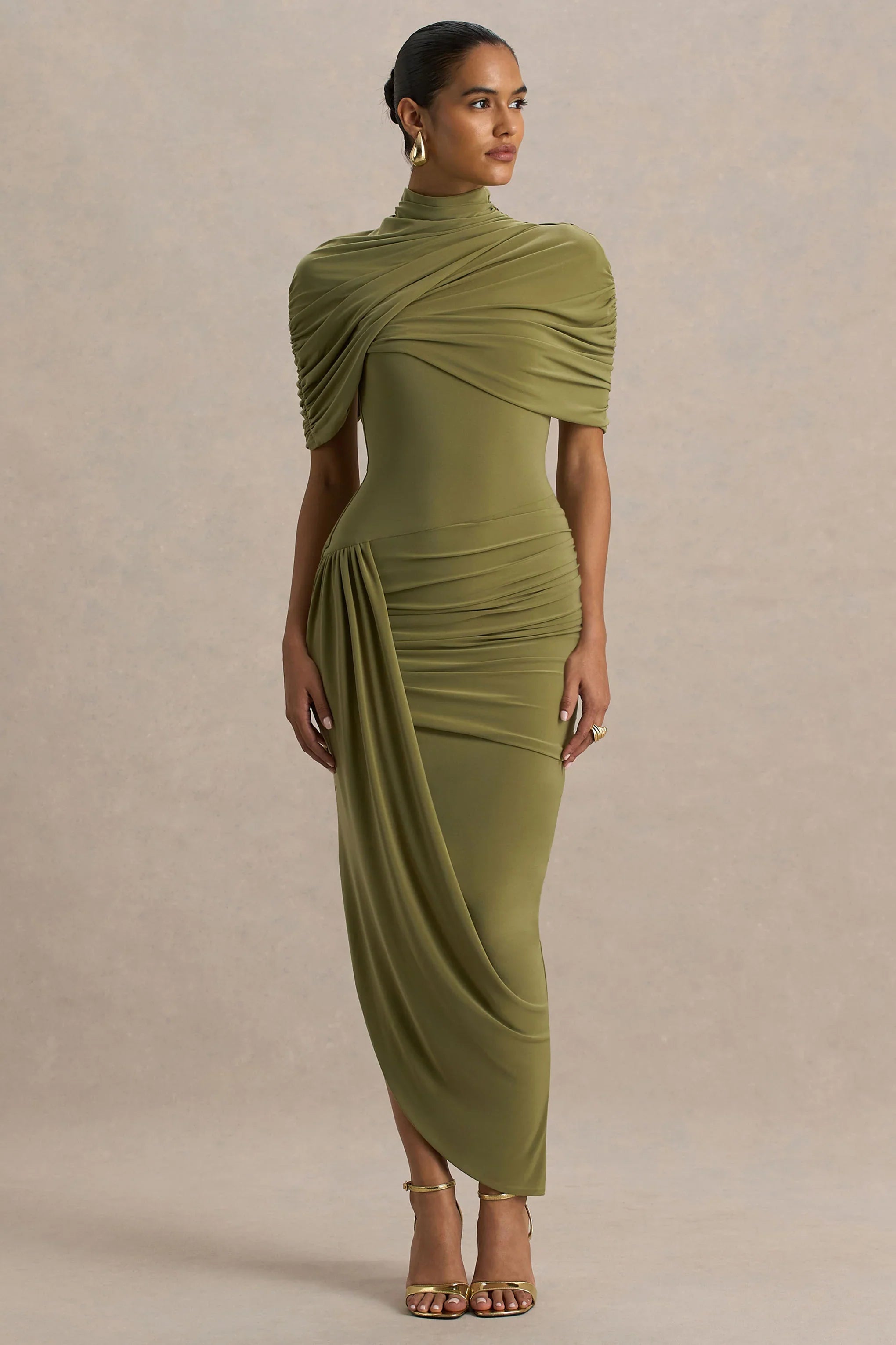 Enchant Olive Asymmetric Twisted Cape Midi Dress