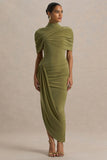 Enchant Olive Asymmetric Twisted Cape Midi Dress
