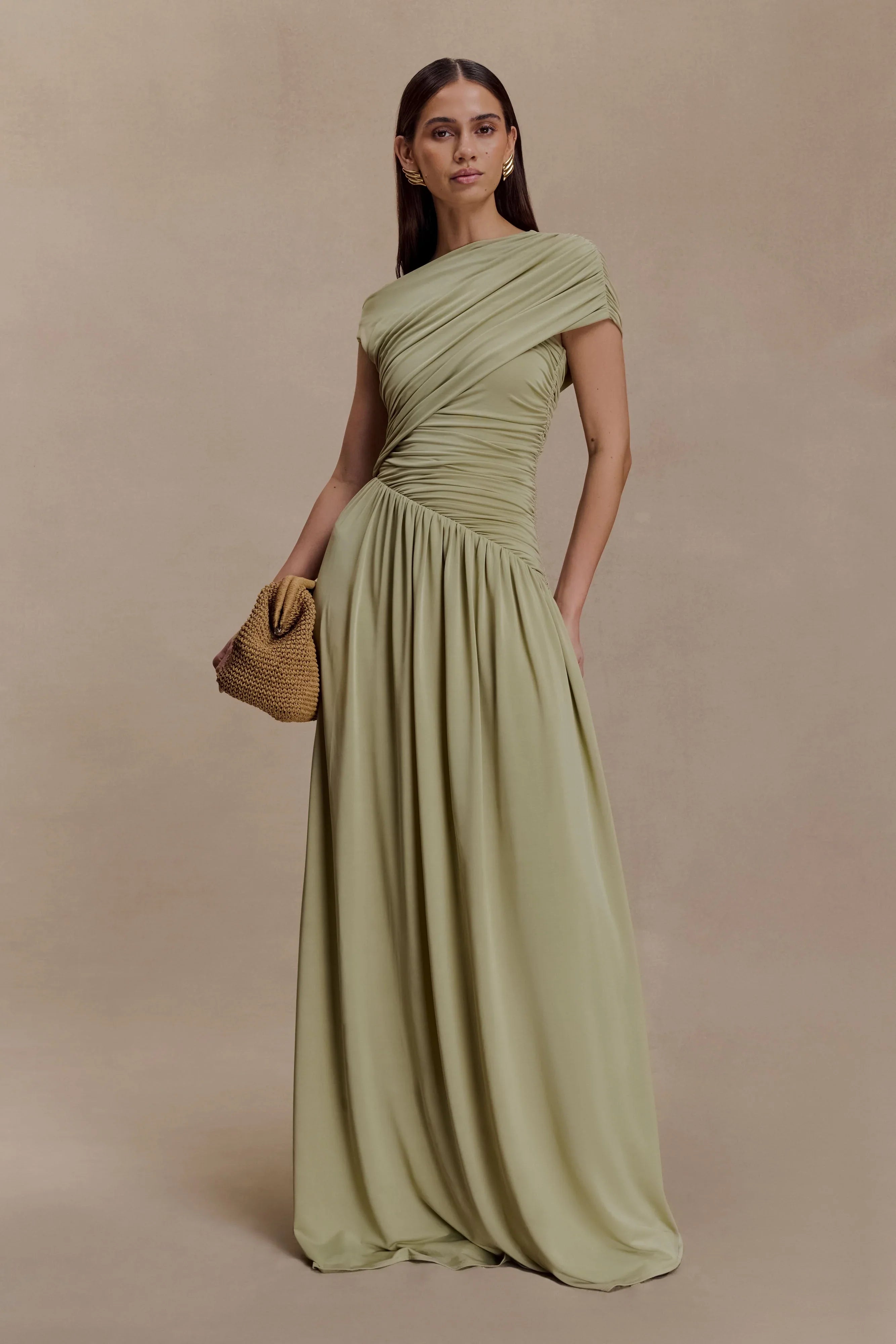 Ayeshya Slinky Asymmetric Maxi Dress Sage