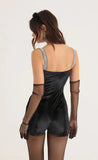 Velvet Shimmer Hook and Eye Romper in Black