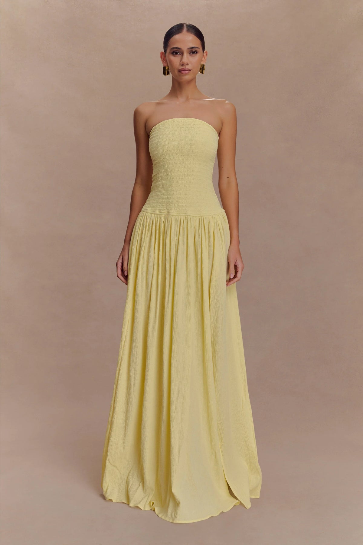 Maureen Cotton Shirring Maxi Dress Lemon