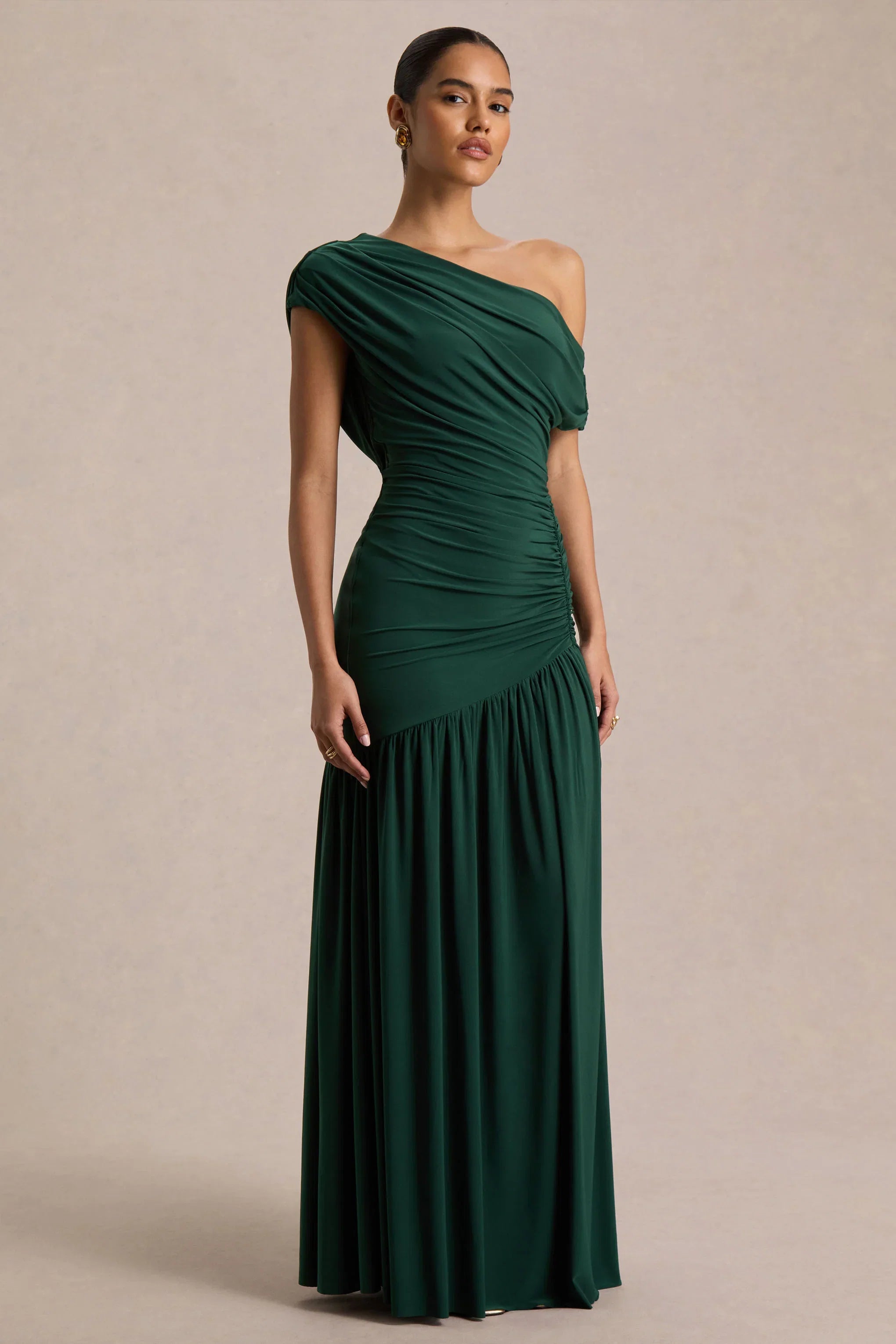 Kady Dark Green Asymmetric Neck Maxi Dress With Ruched Detailing